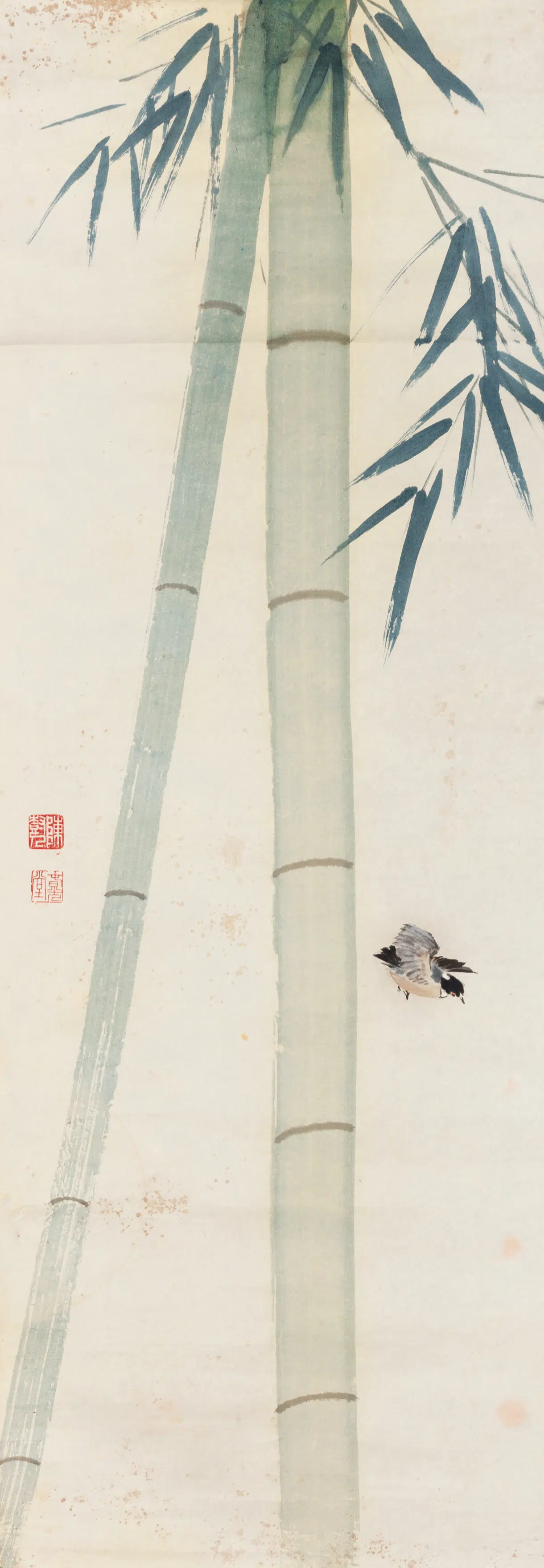 近代【陈树人】《绿竹小鸟轴》