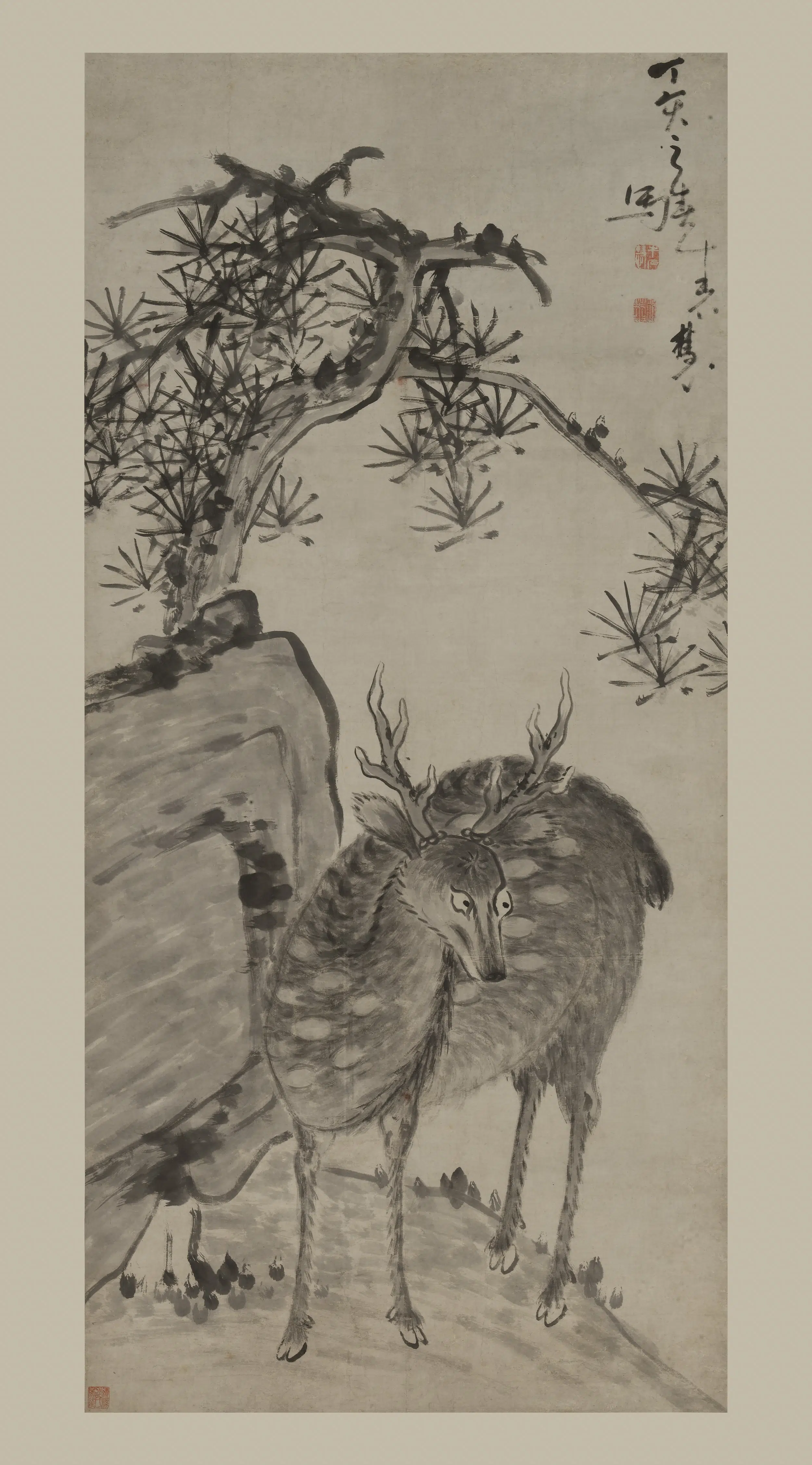 清代【牛石慧】《松鹿图轴》