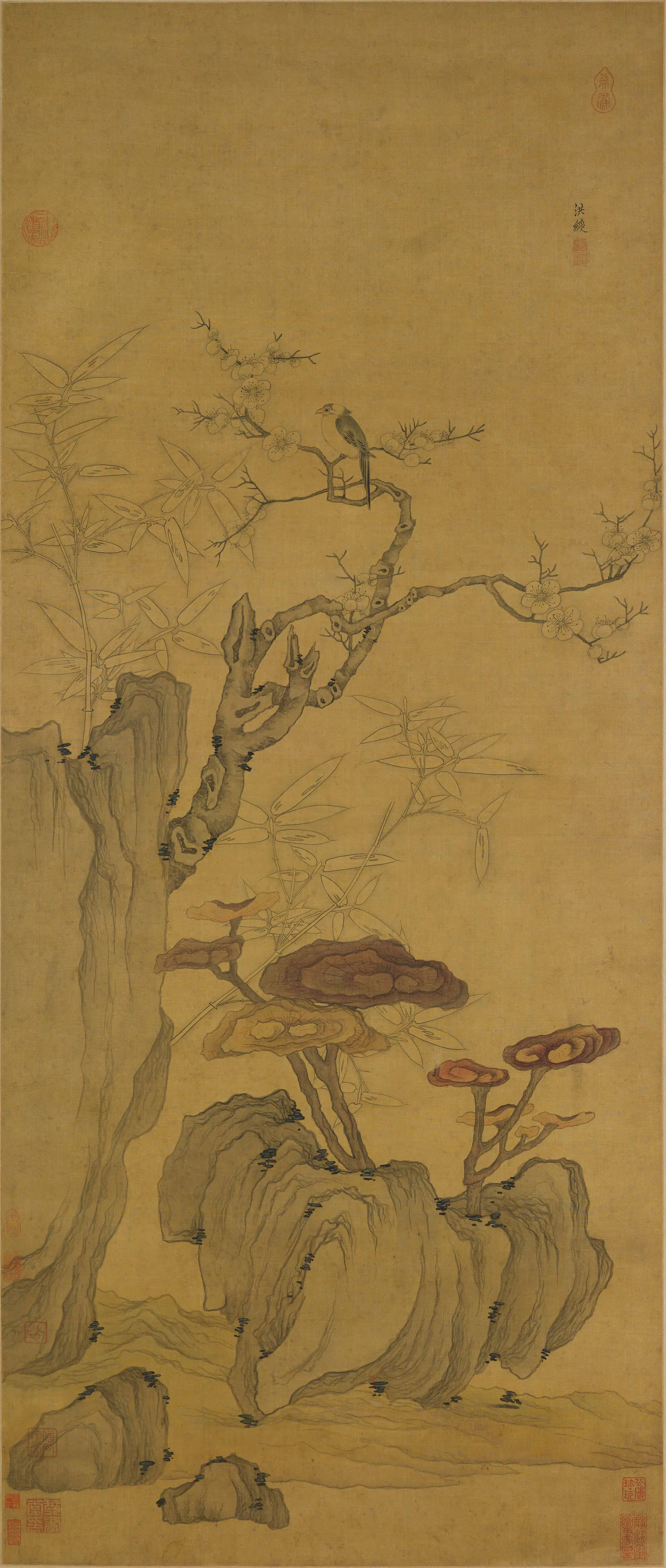 明朝【陈洪绶】《竹石停禽图轴》