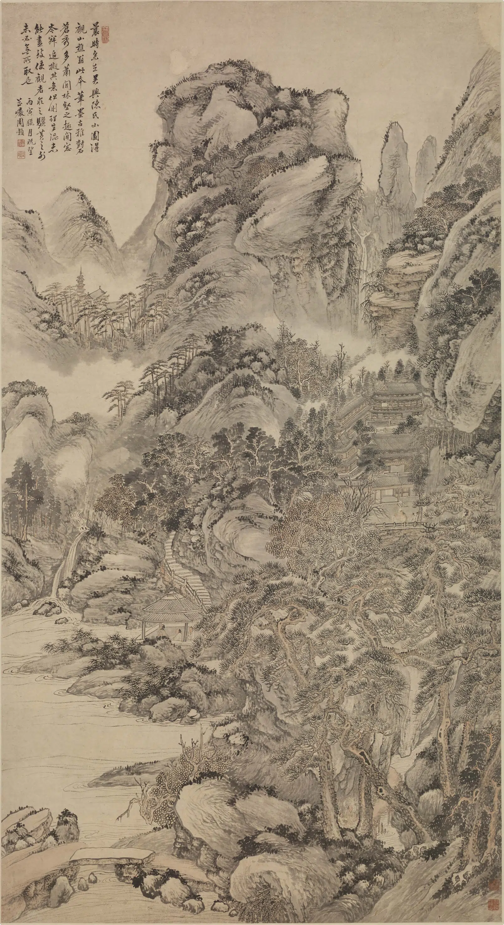 清代【周灏】《观瀑图轴》