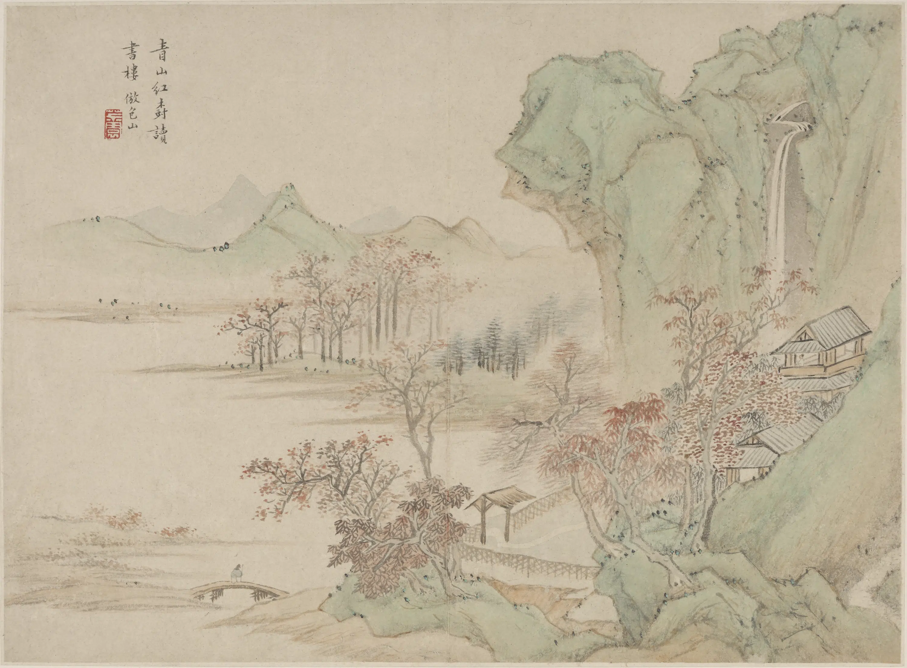 清朝【顾逵】《仿陆治青山红树图》 第1张