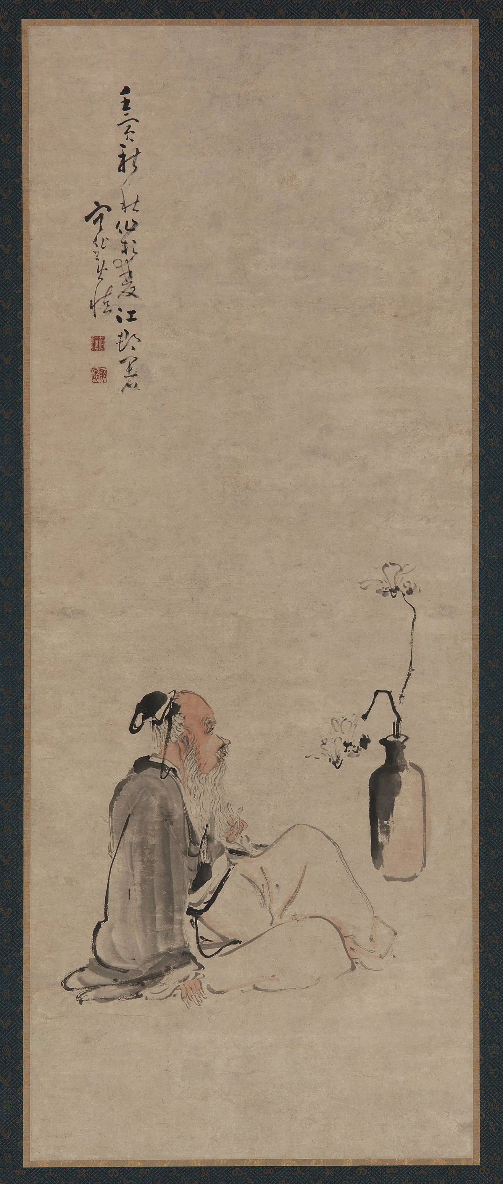 清朝【黄慎】《老翁观瓶插玉兰图》