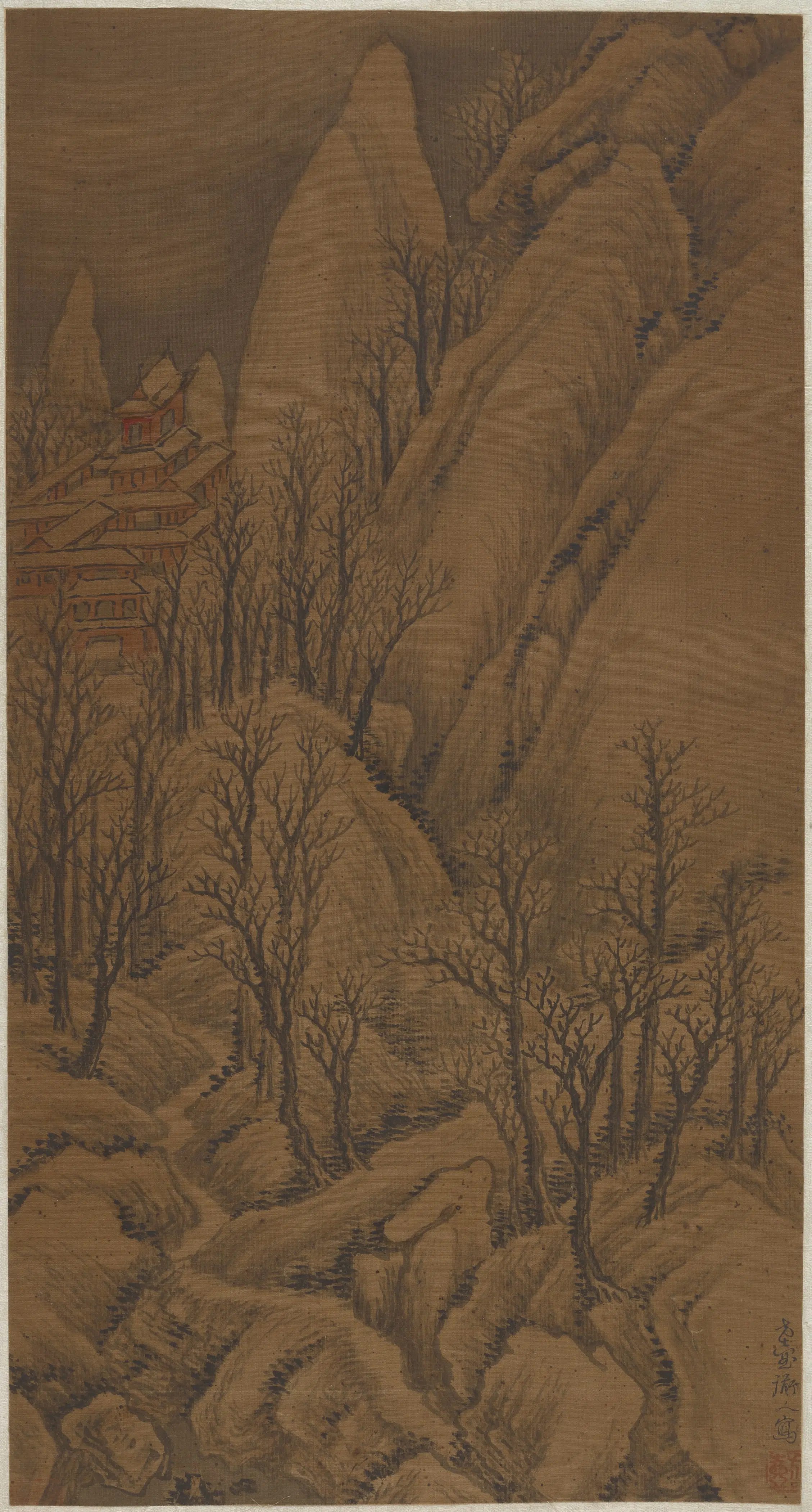 元朝【方从义】《冬山古寺图》