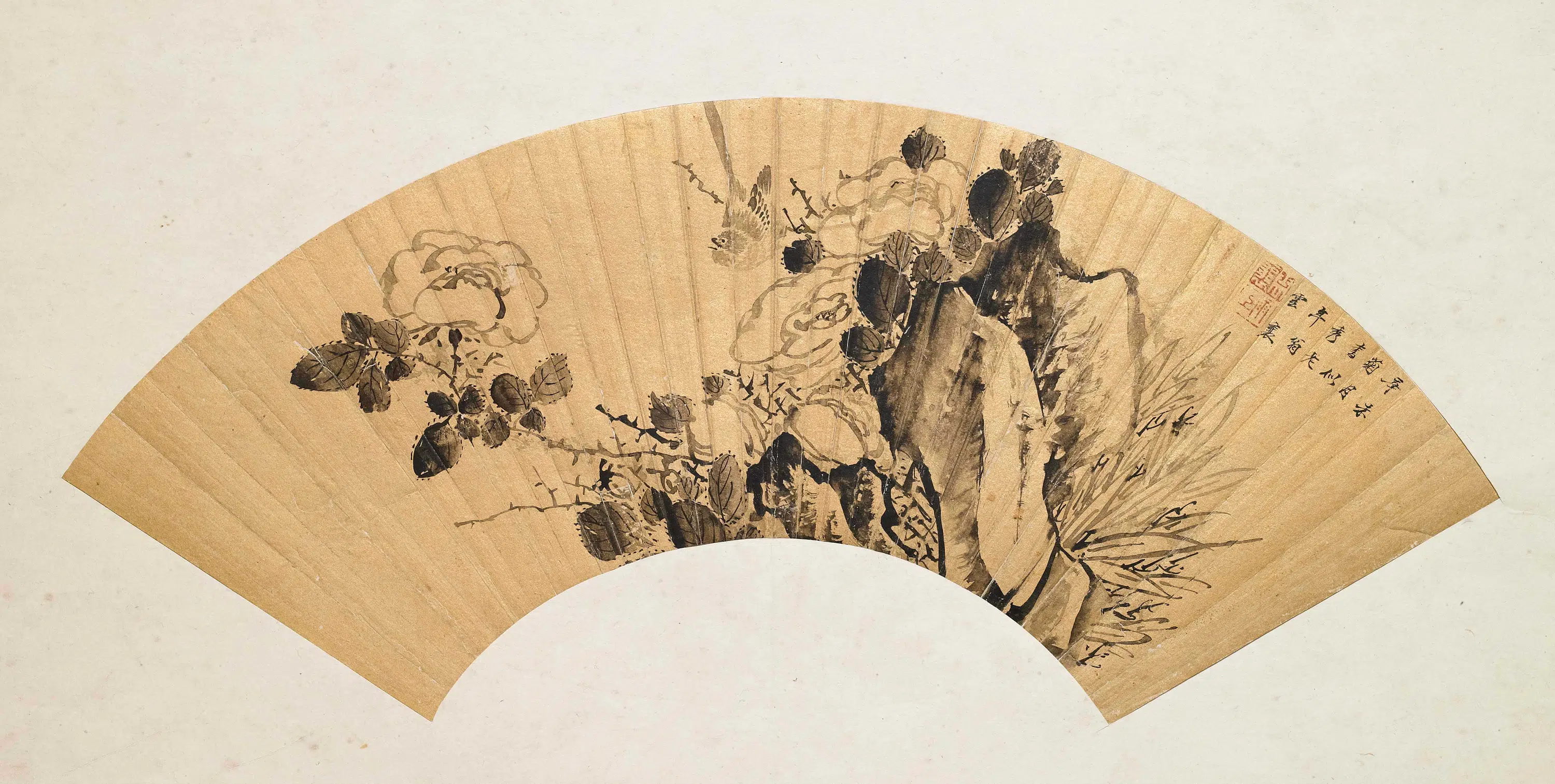 清代【周云襄】《禽鸟花石扇面》