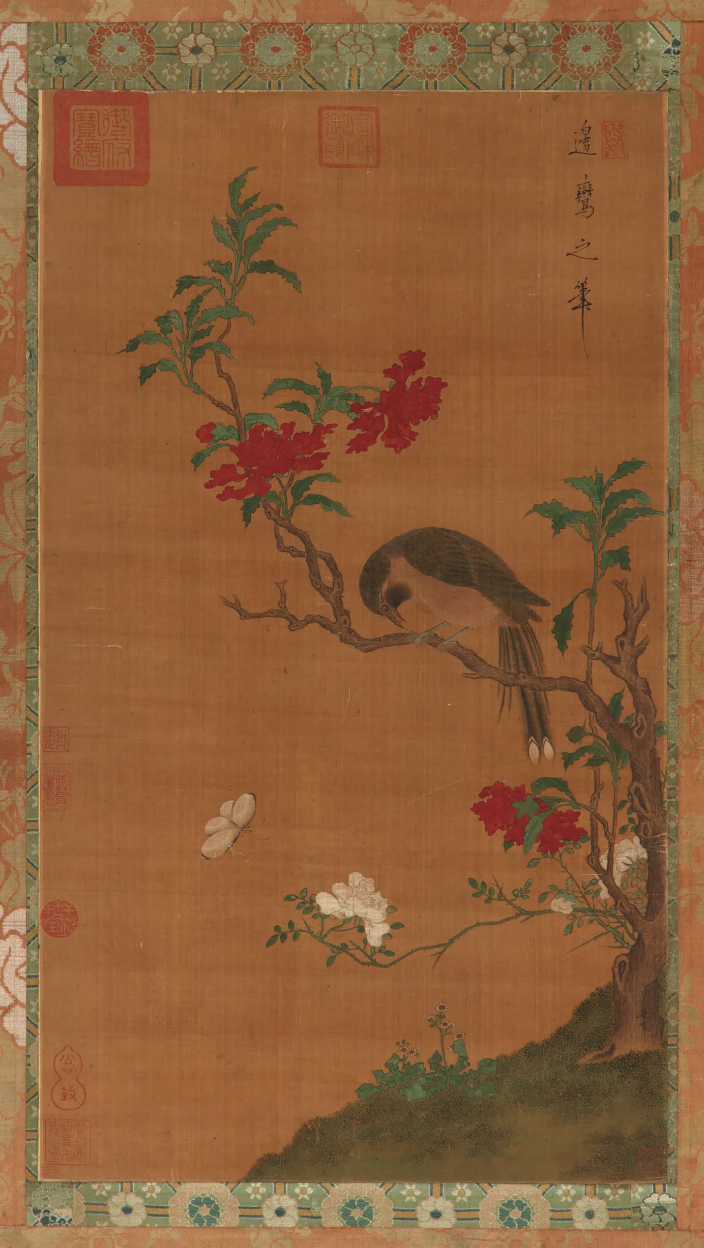 唐朝【边鸾】《花枝栖鸟图》