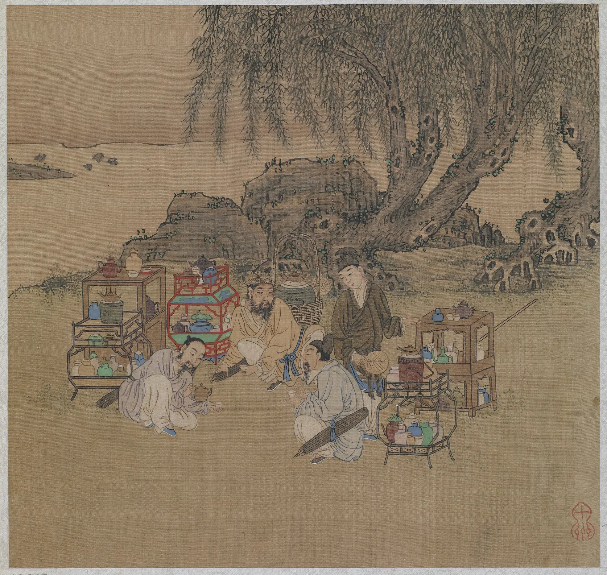 《柳下品茗山水图》