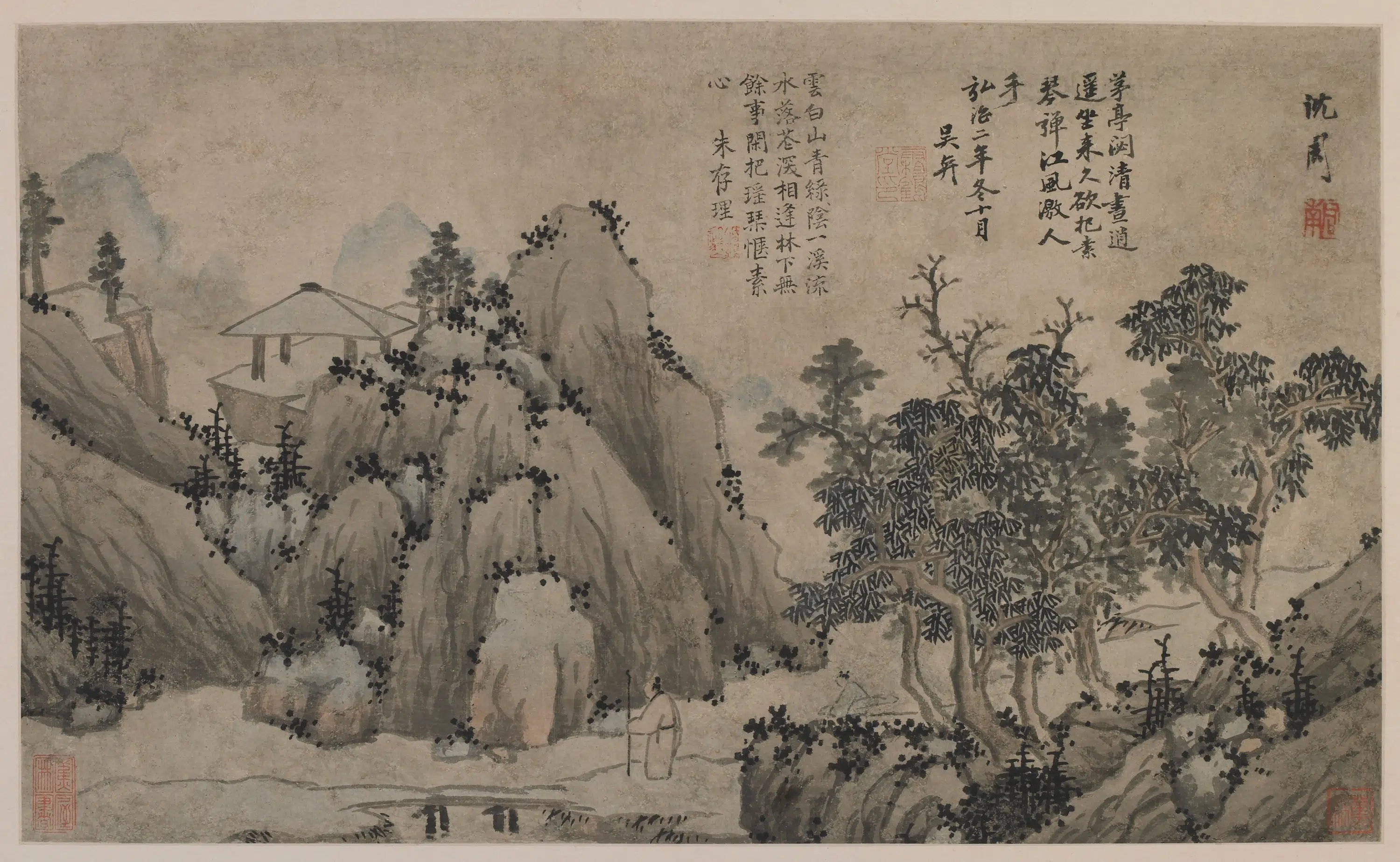 明朝【沈周】《溪山行旅图》