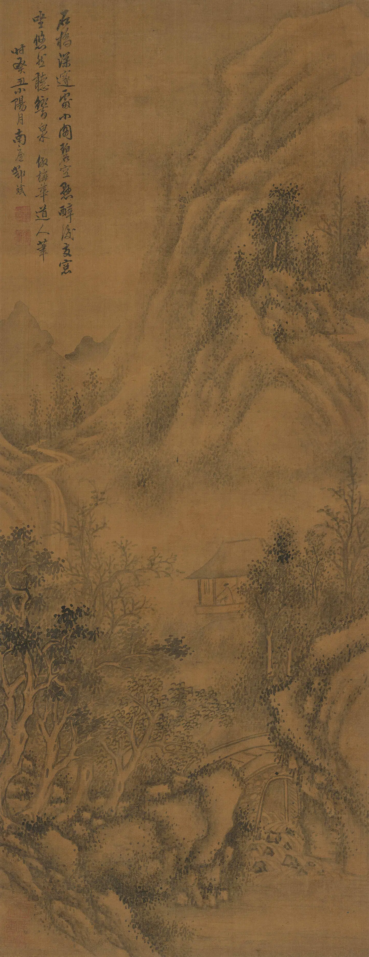 明朝【邓斌】《石桥小阁图轴》