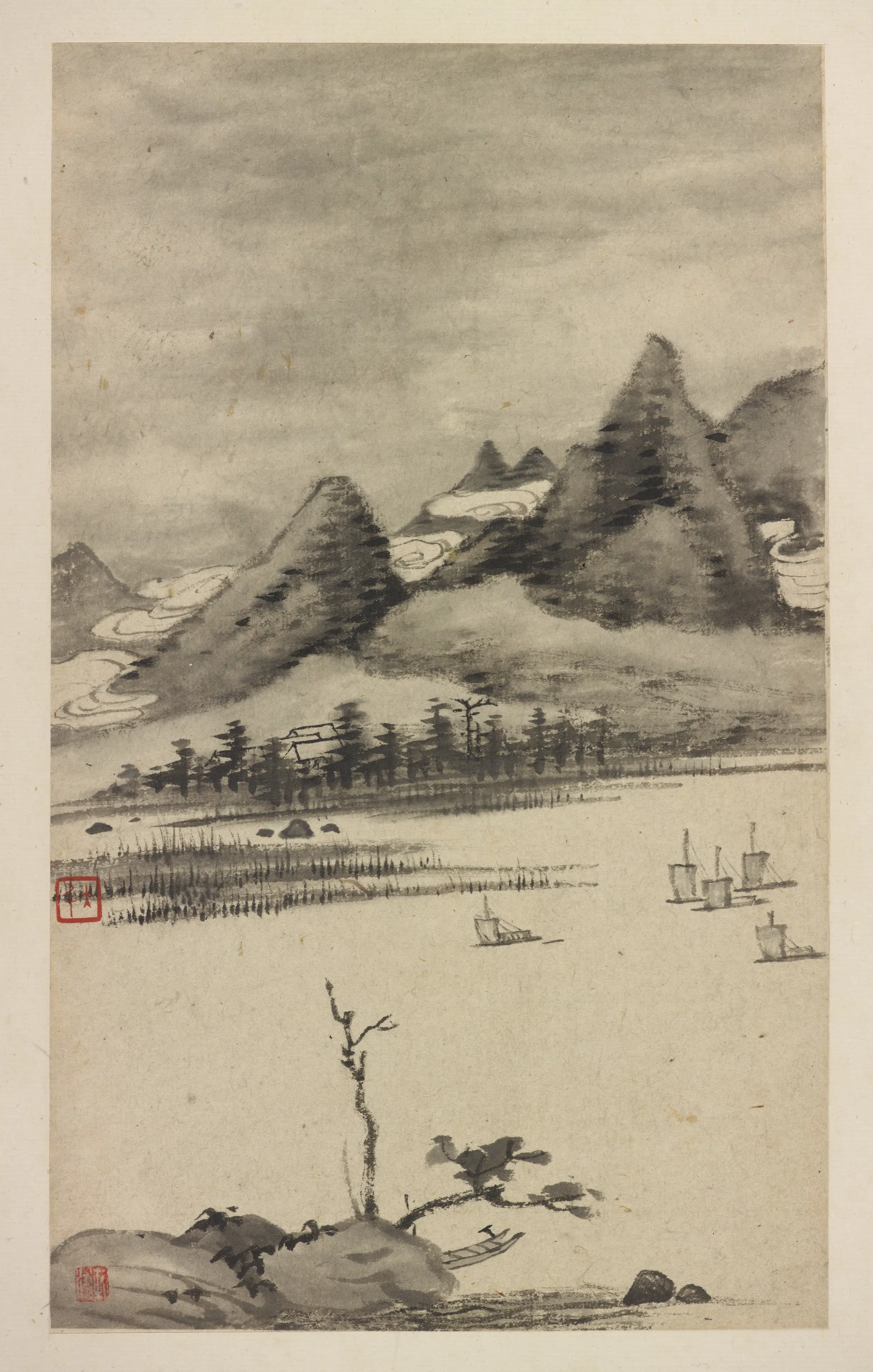 清朝【弘仁】《云雾缭绕的山峦与江舟_凤江图景集》