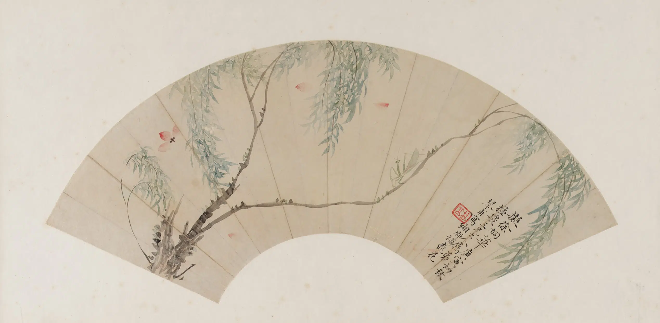 清朝【袁桐】《桃花柳枝螳螂图》 第1张