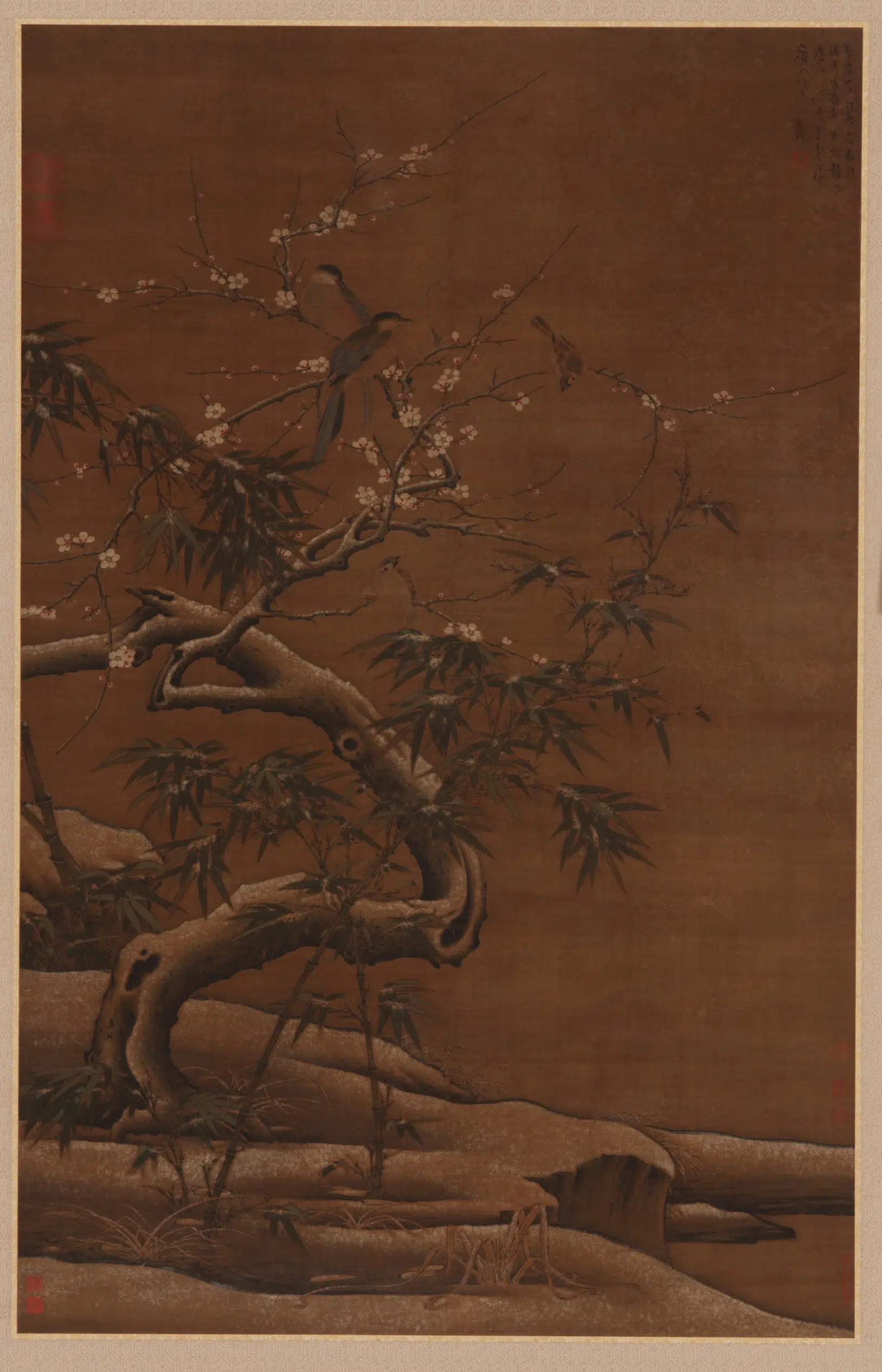 宋朝【马麟】《冬景梅竹栖禽图》