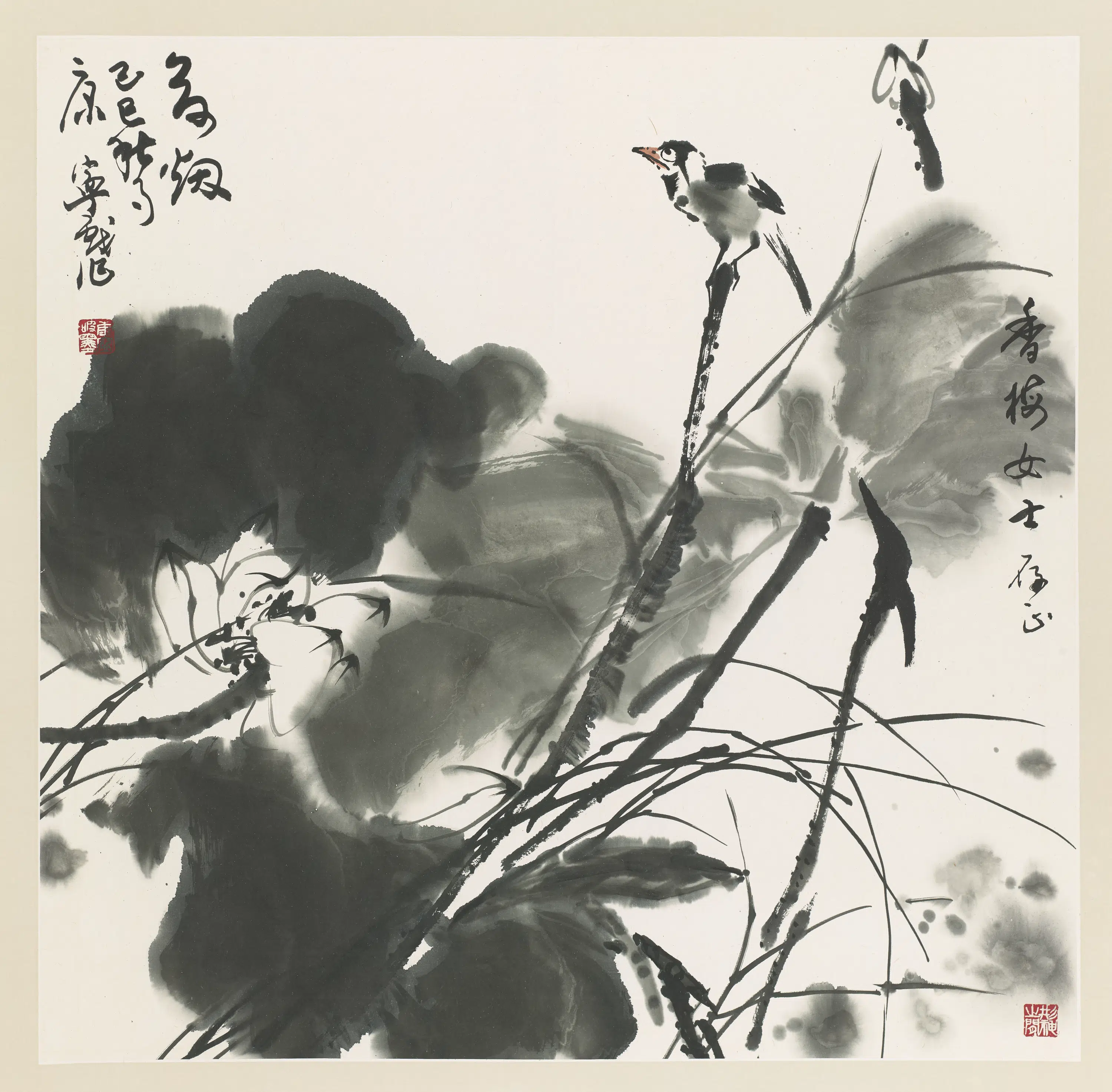 近现代【康宁】《荷塘小鸟图》