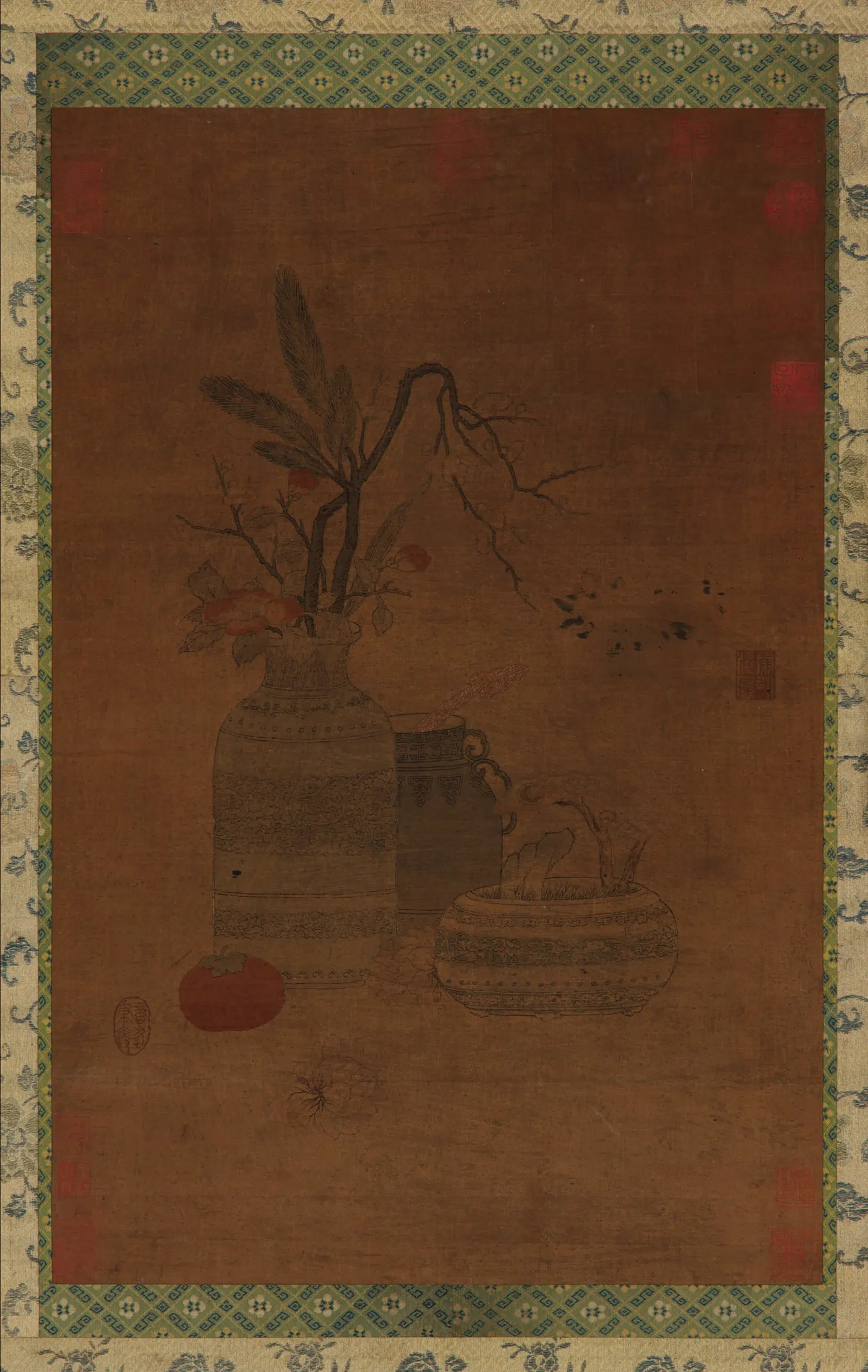 《缂丝花果瓶罐图》