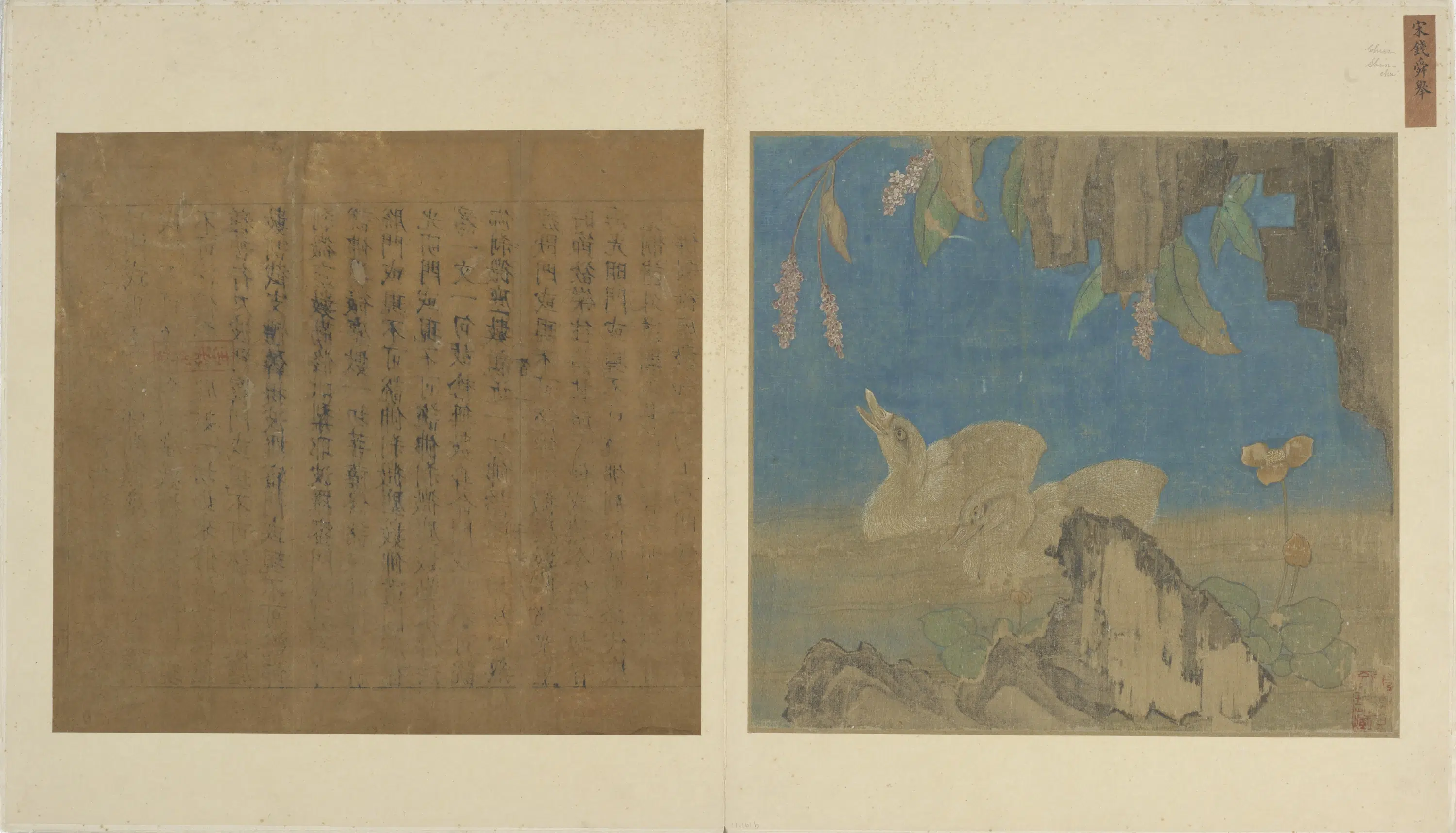 元朝【钱选】《雏鸭戏石花卉图》
