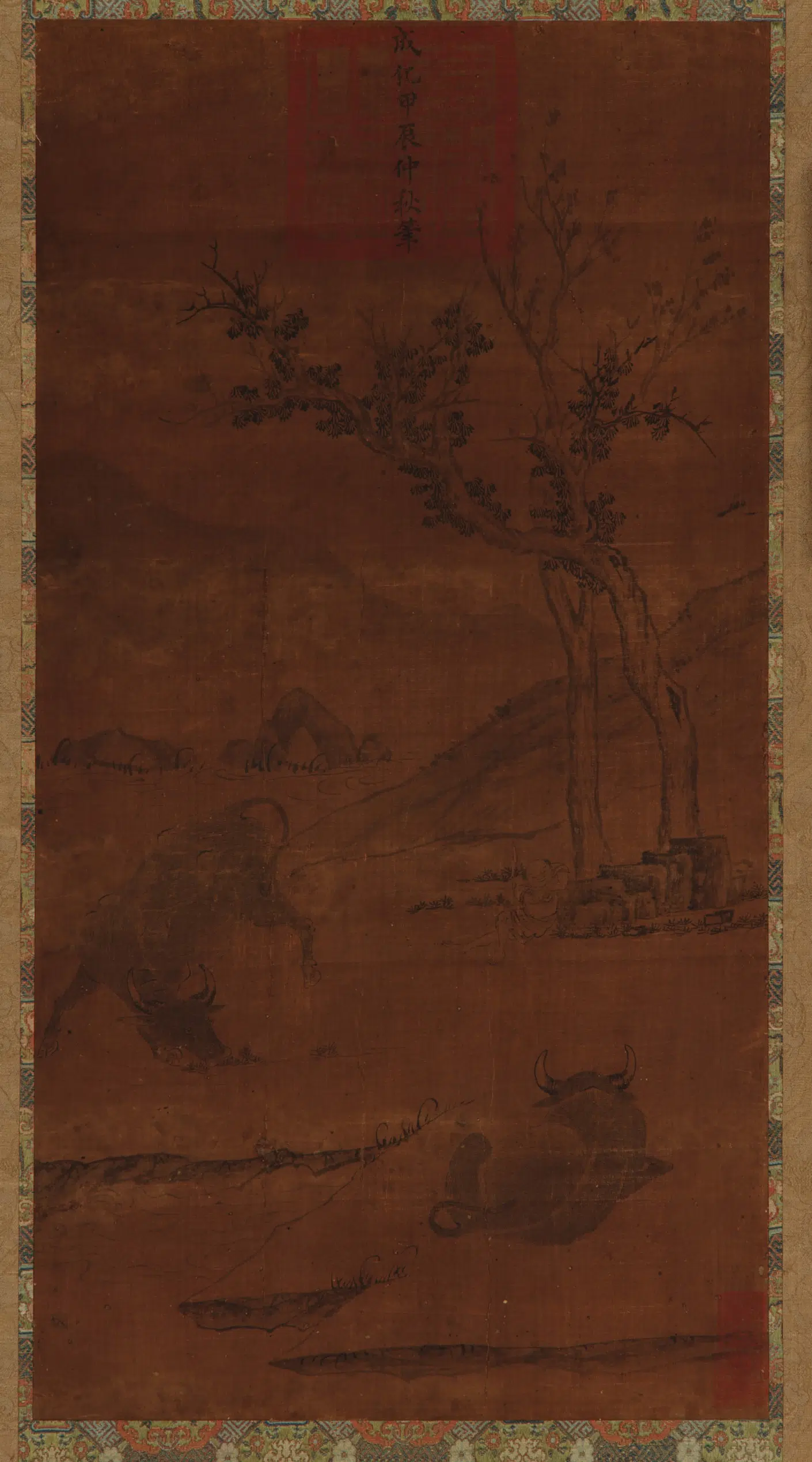《江村牧憩双牛图》