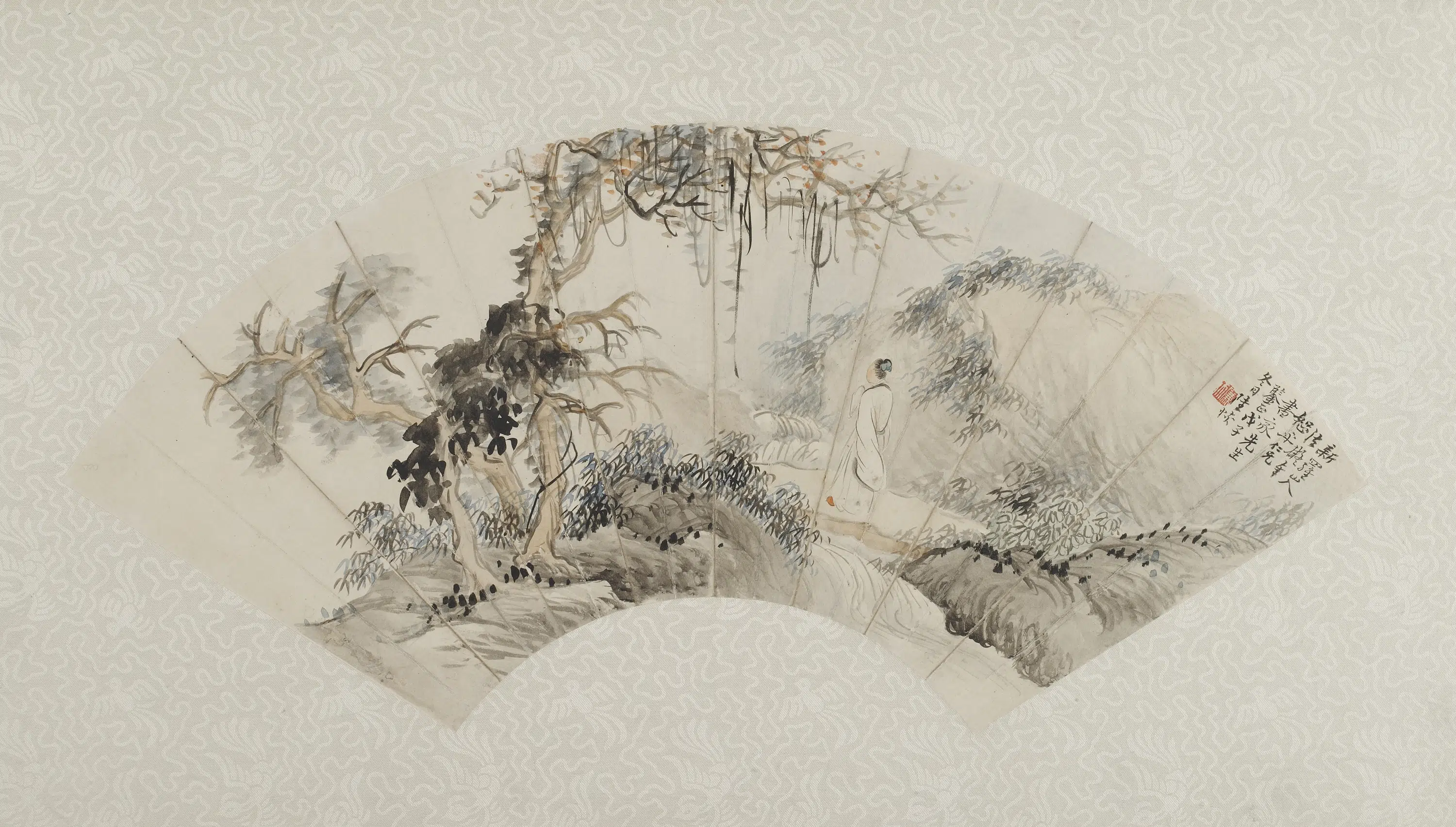 清朝【陆恢】《溪山行旅文士图》