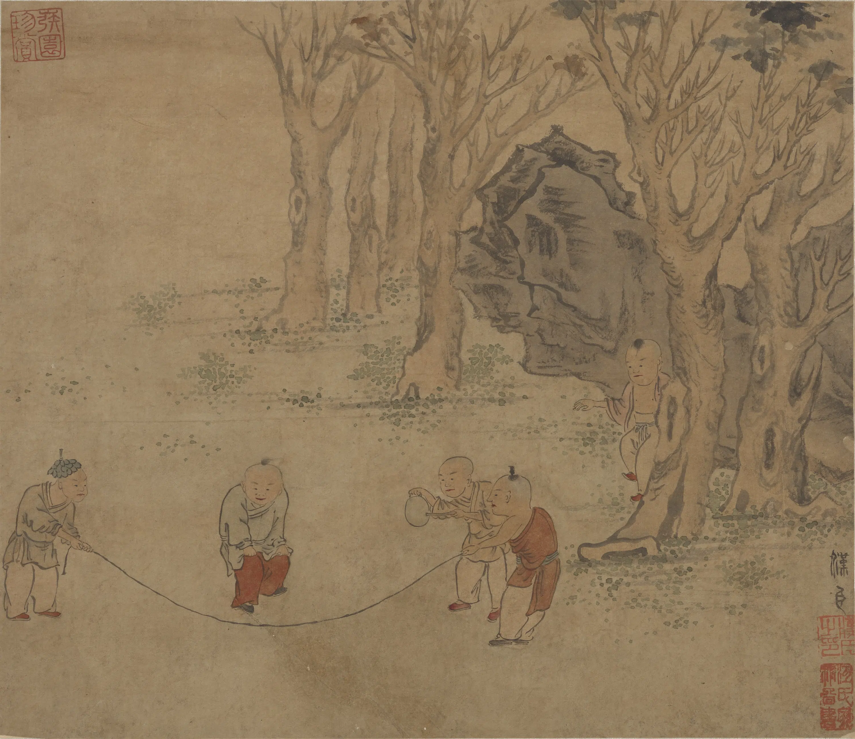 宋朝【苏汉臣】《清童子跳绳图册页》