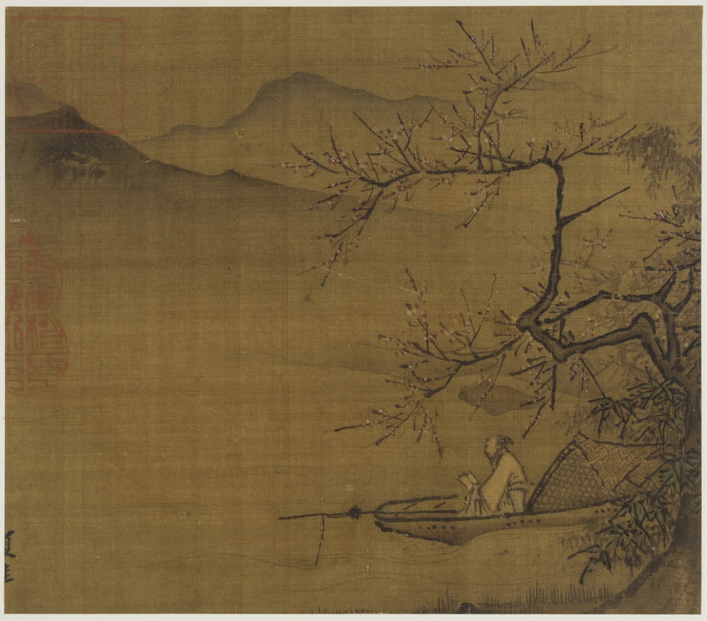 宋朝【夏圭（珪）】《花下泊舟读书图》