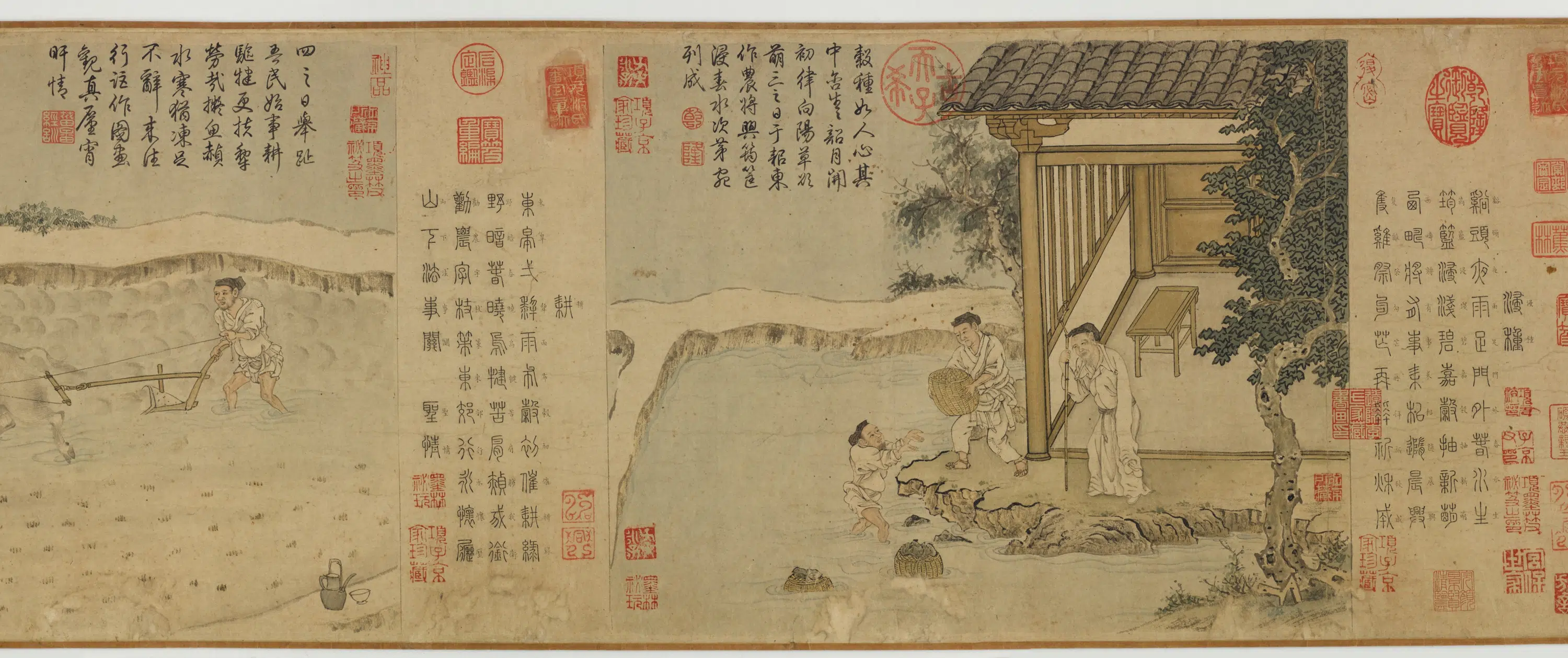 元朝【程棨】《摹楼璹耕作图卷》 第9张