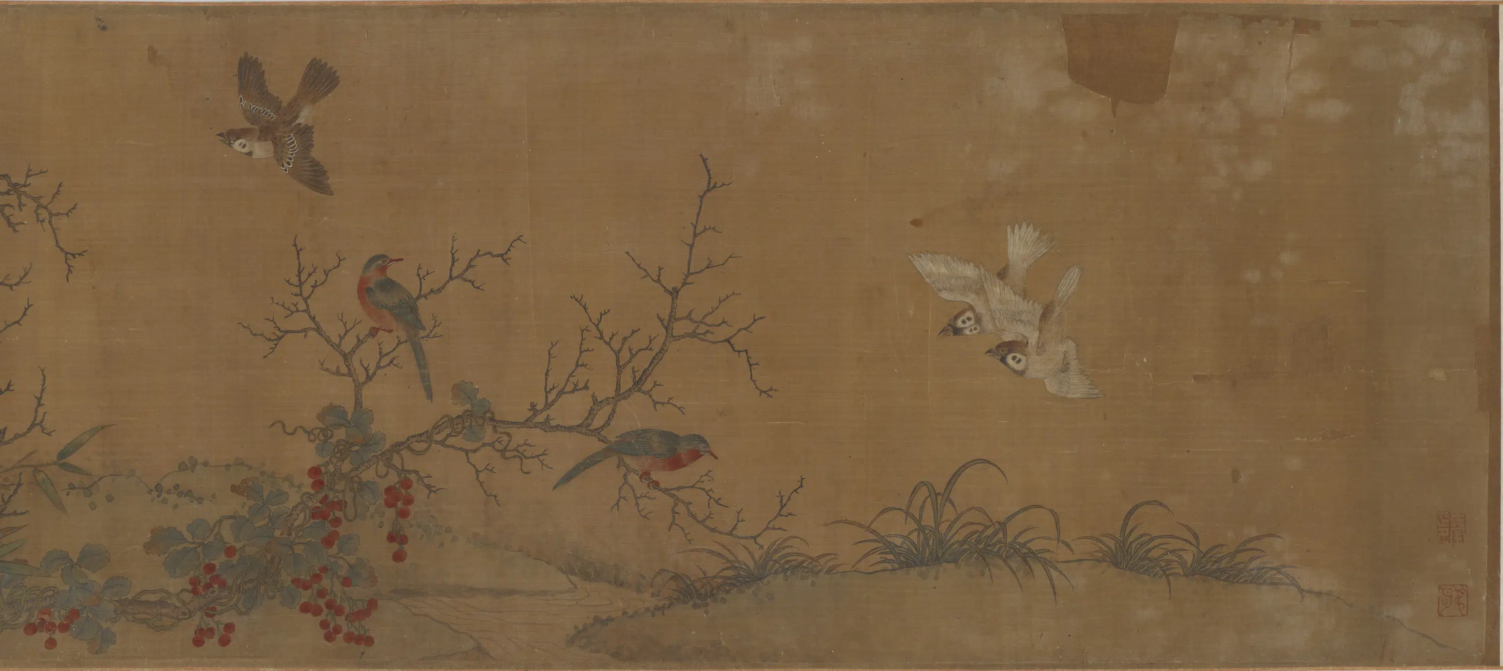 元朝【钱选】《花鸟野兔图》 第3张