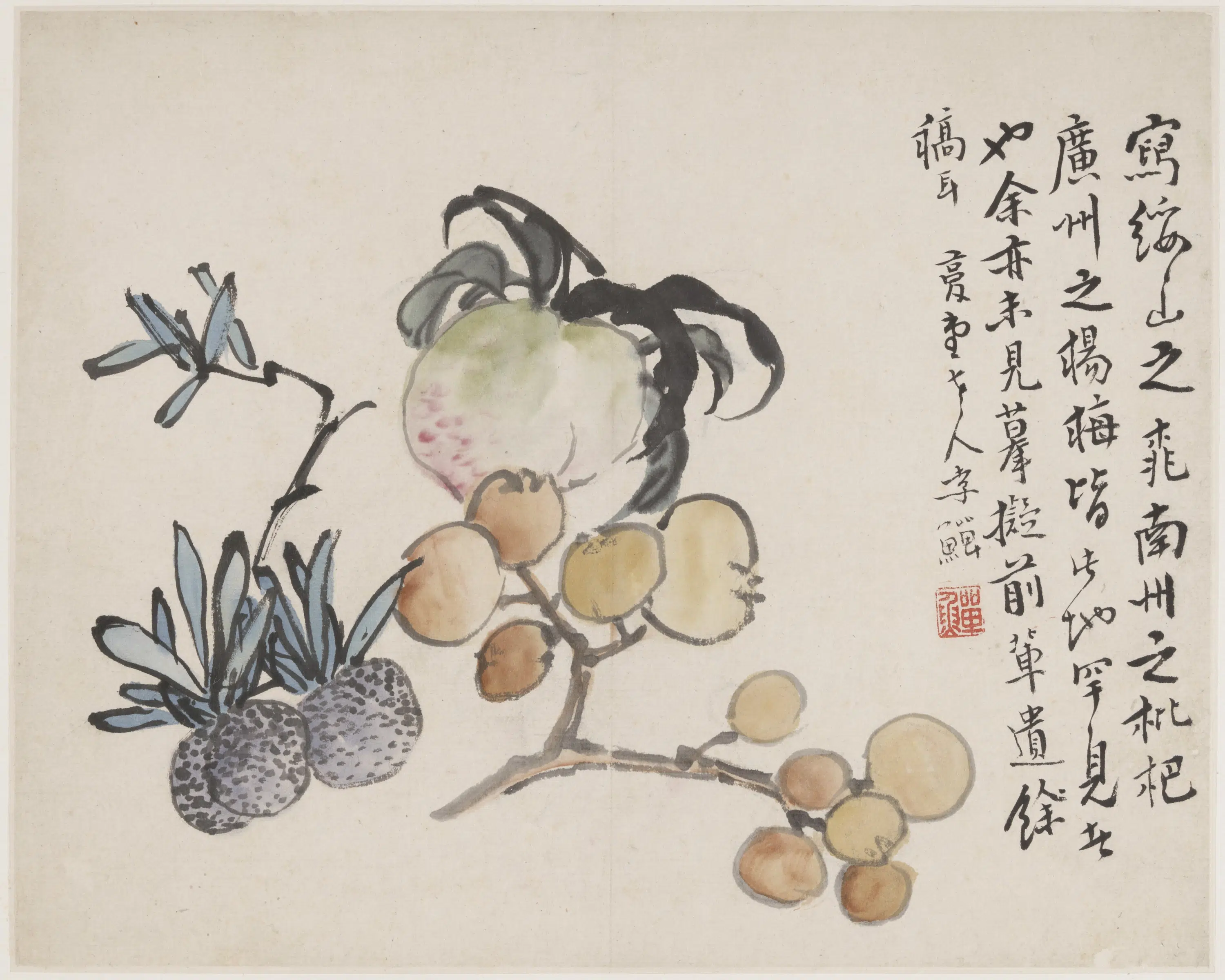 清朝【李鳝（鳝善）】《桃枇杷紫李图》