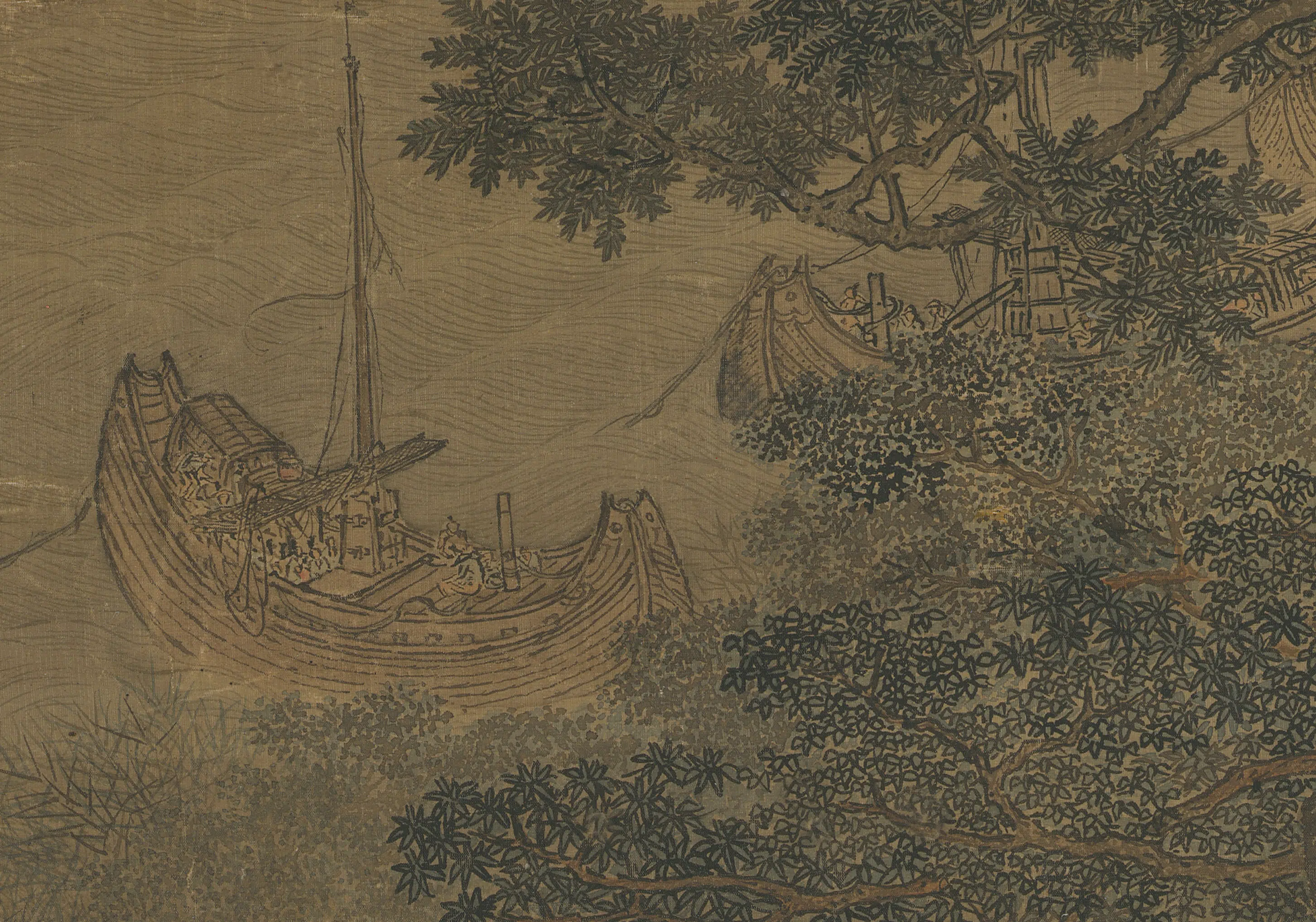 清代【李寅】《山水图轴船》