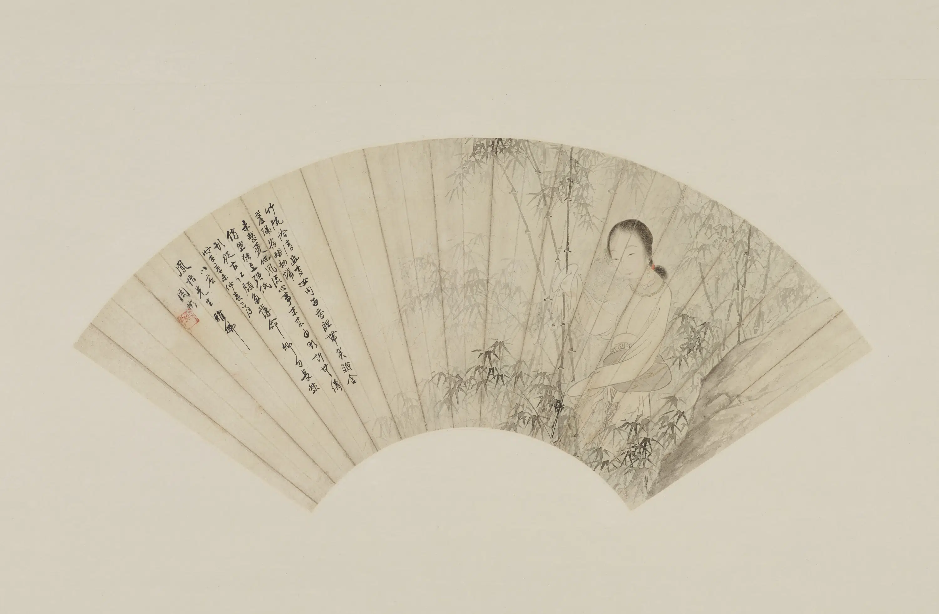 清朝【周彬】《竹林仕女图扇面》 第1张
