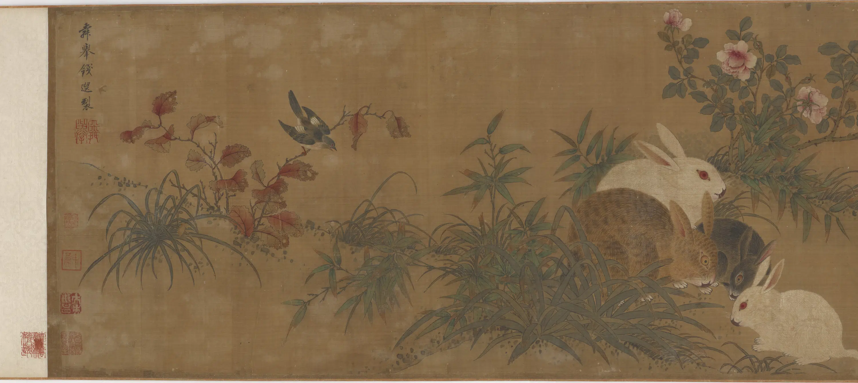 元朝【钱选】《花鸟野兔图》