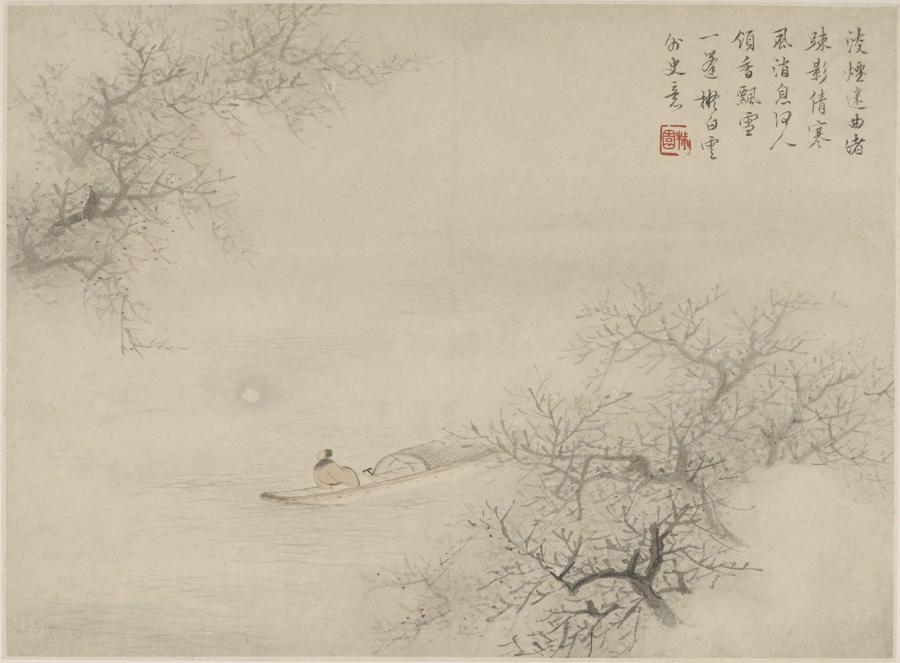 清朝【顾逵】《仿恽寿平冬江月色图》 第1张