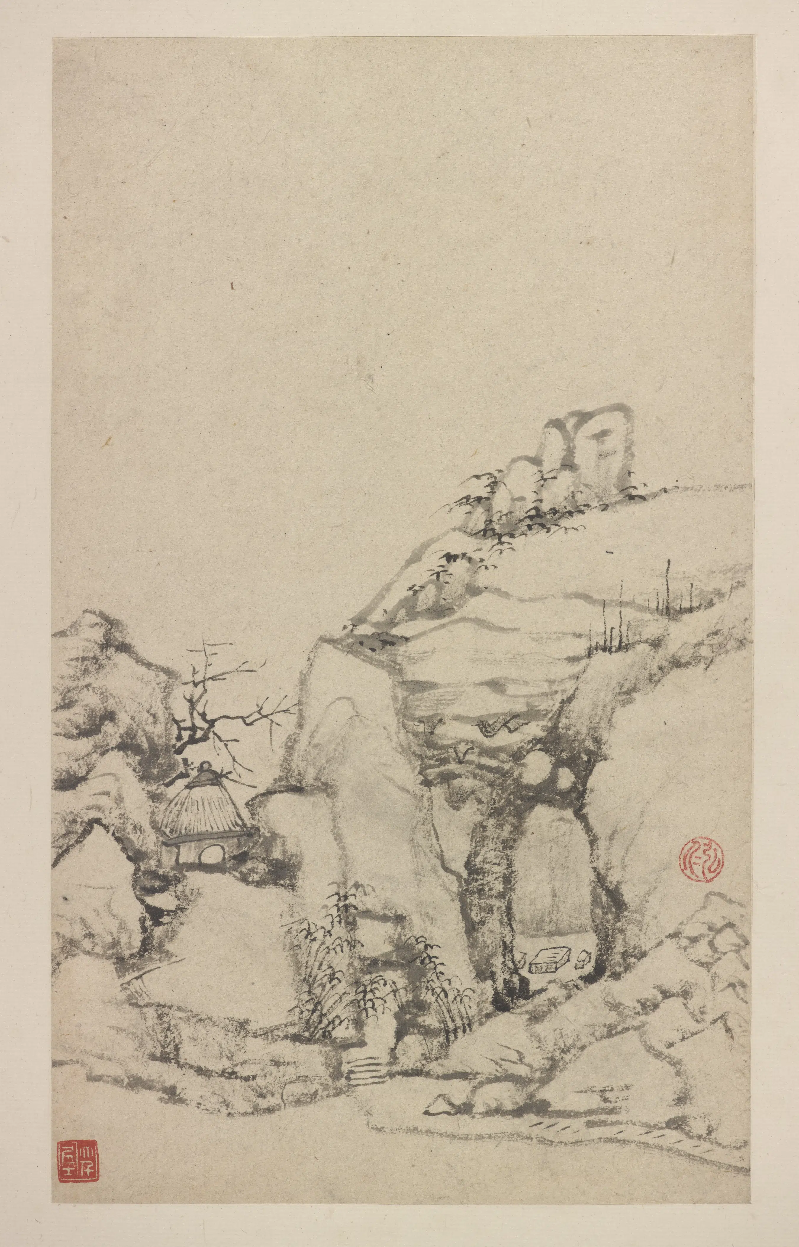 清朝【弘仁】《沣河景致册-石窟茅舍》