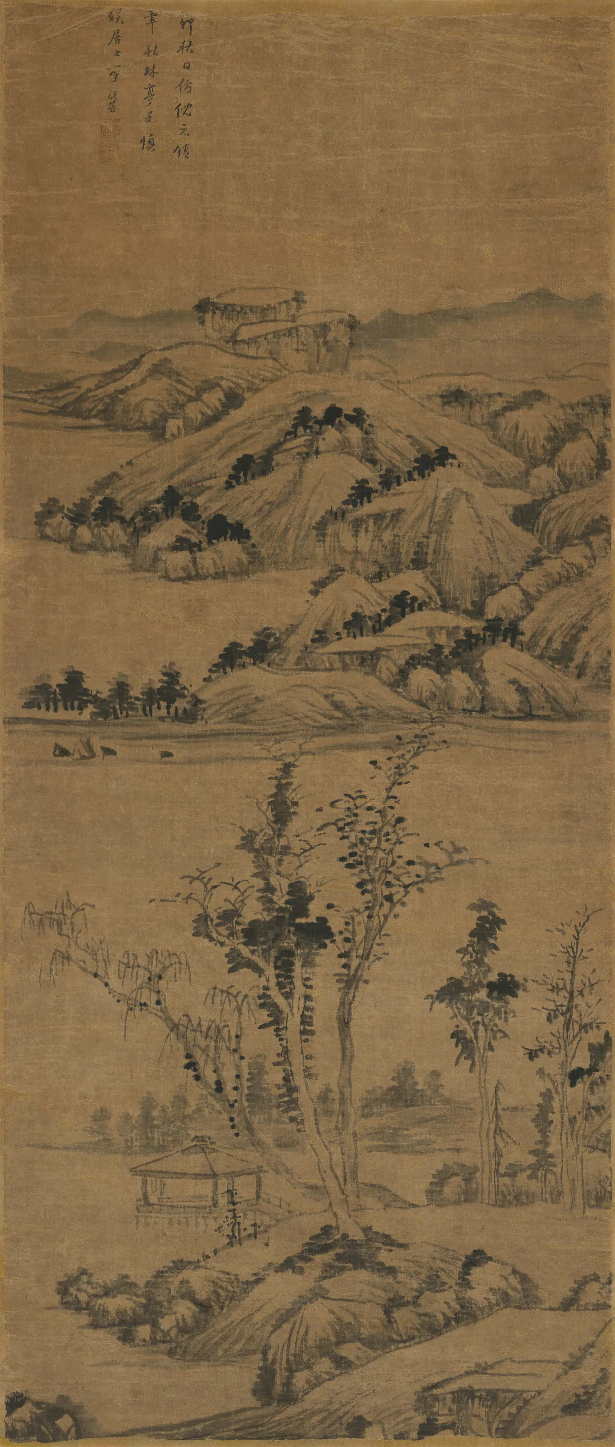 明朝【李流芳】《仿倪瓒秋林亭子立轴》