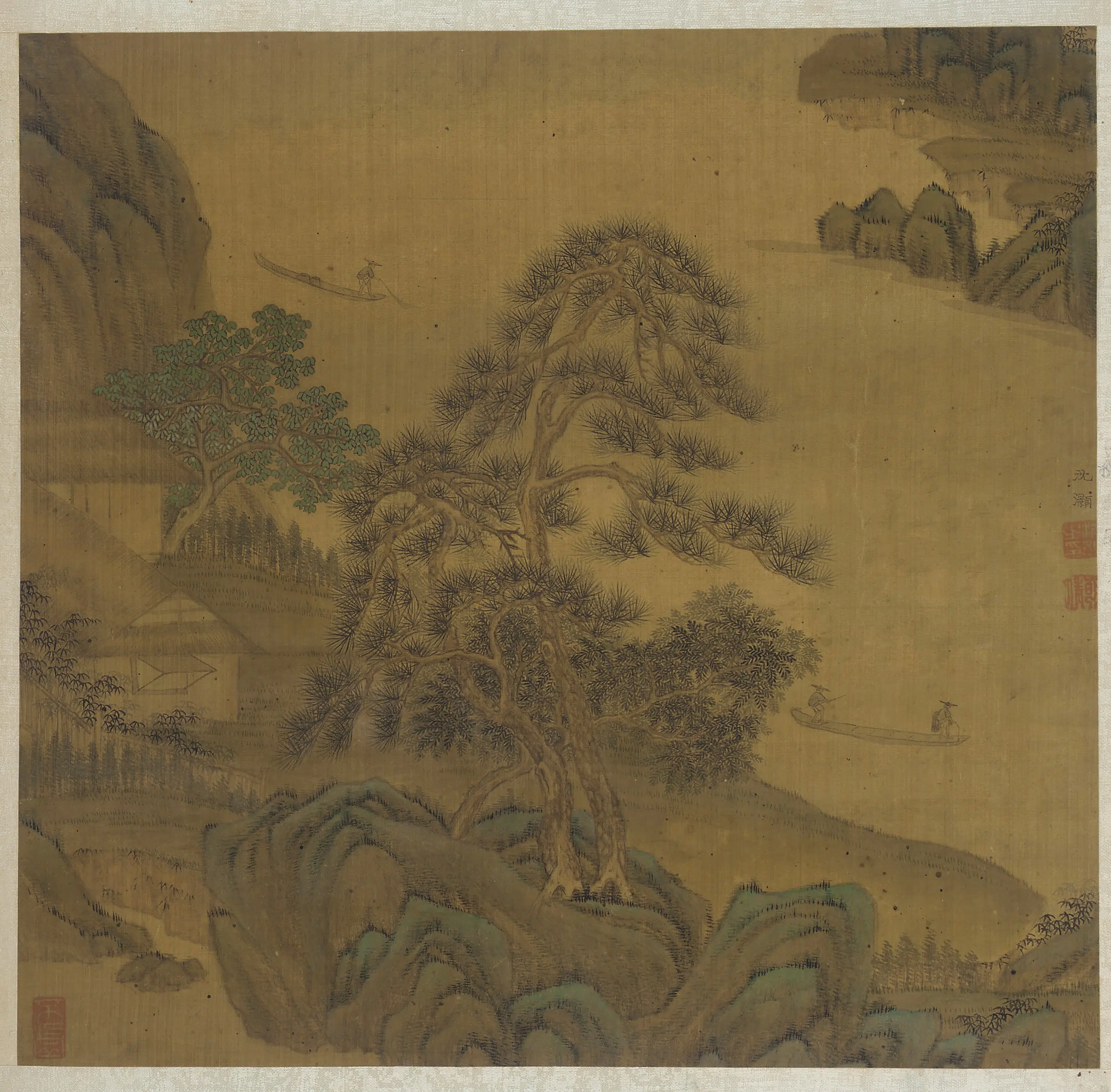 清朝【沈颢灏】《江村松屋渔艇图》