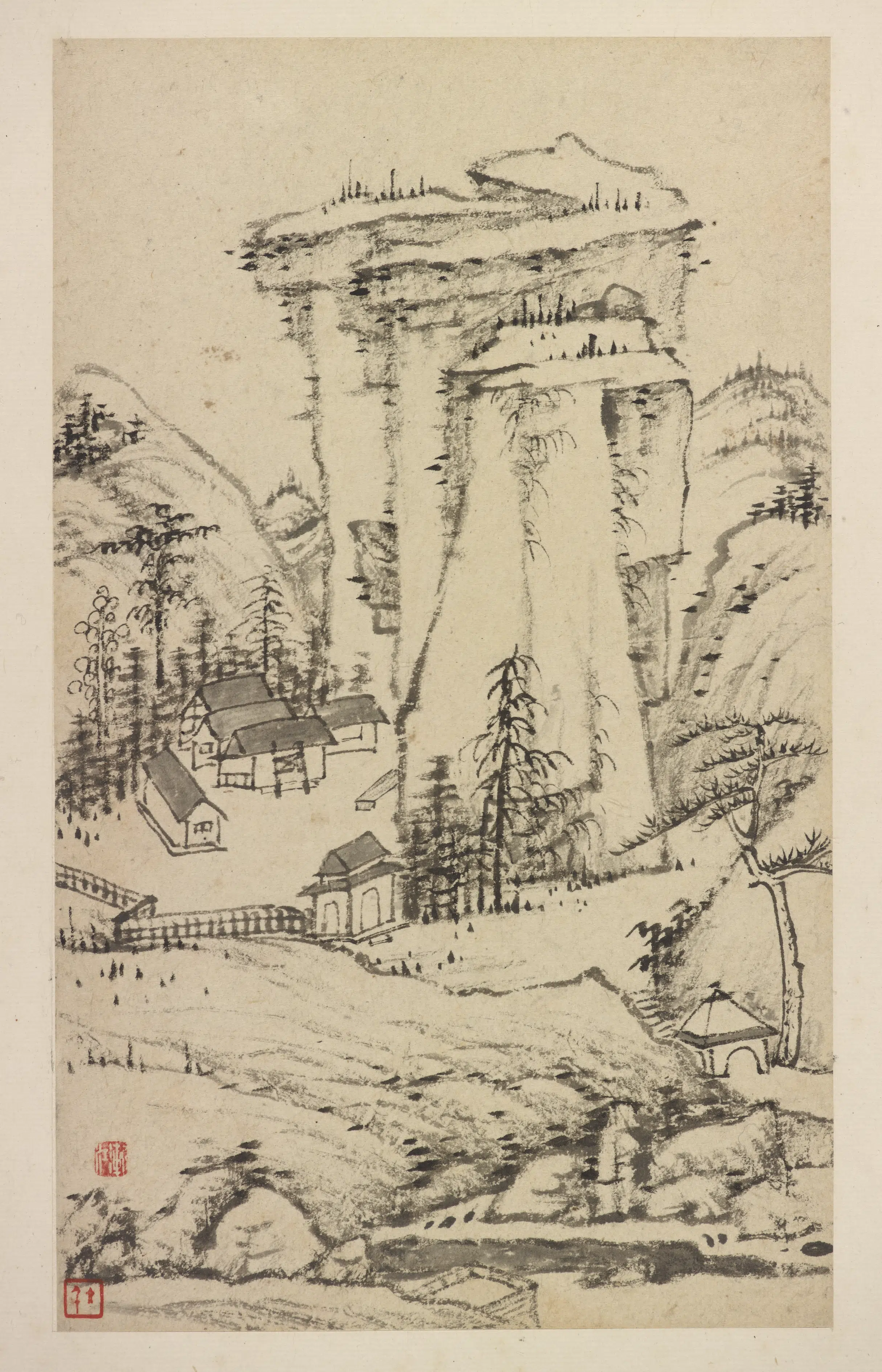清朝【弘仁】《沣川山水册-崖下村居》