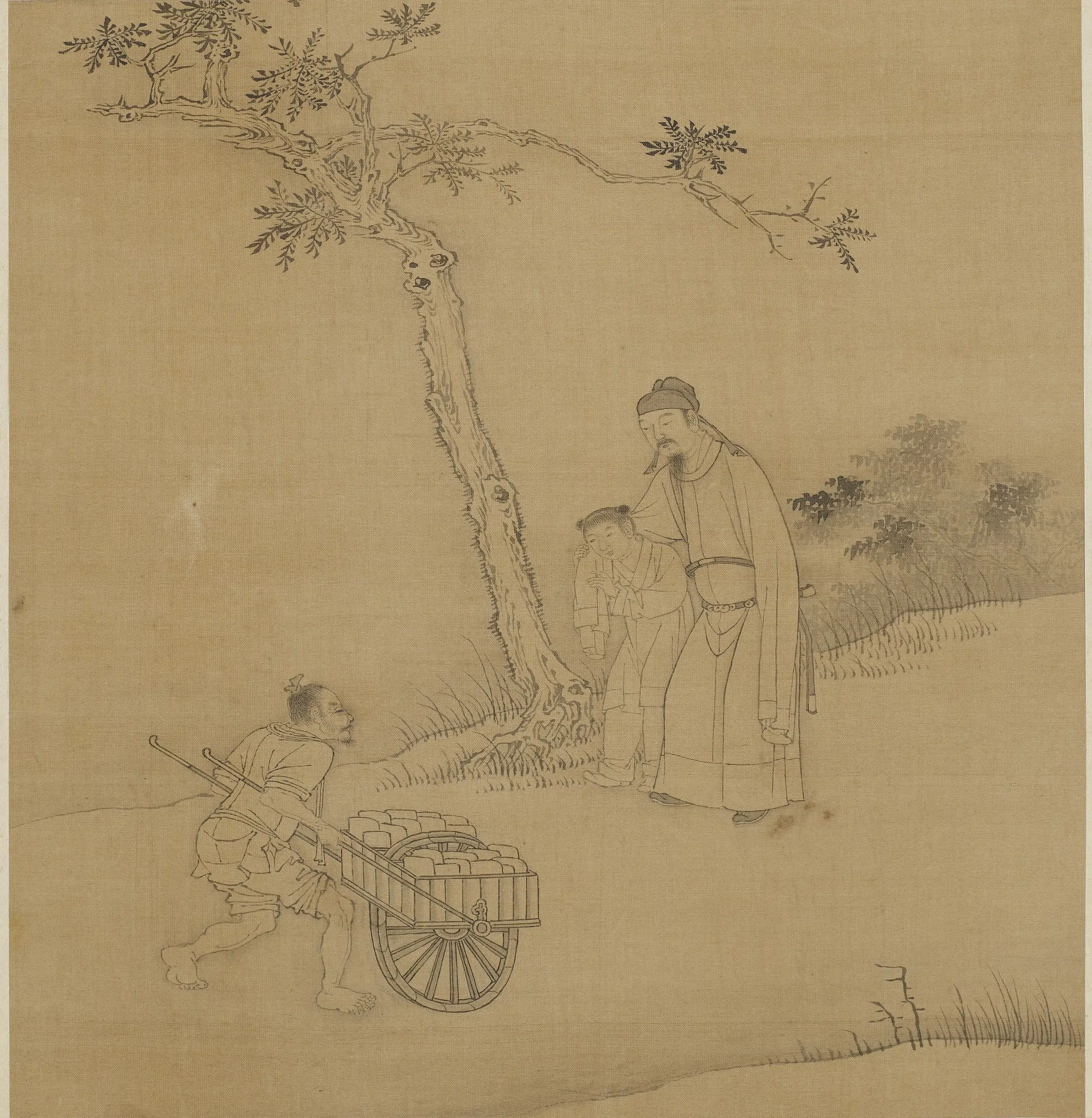 元朝【钱选】《树下主仆推车图》
