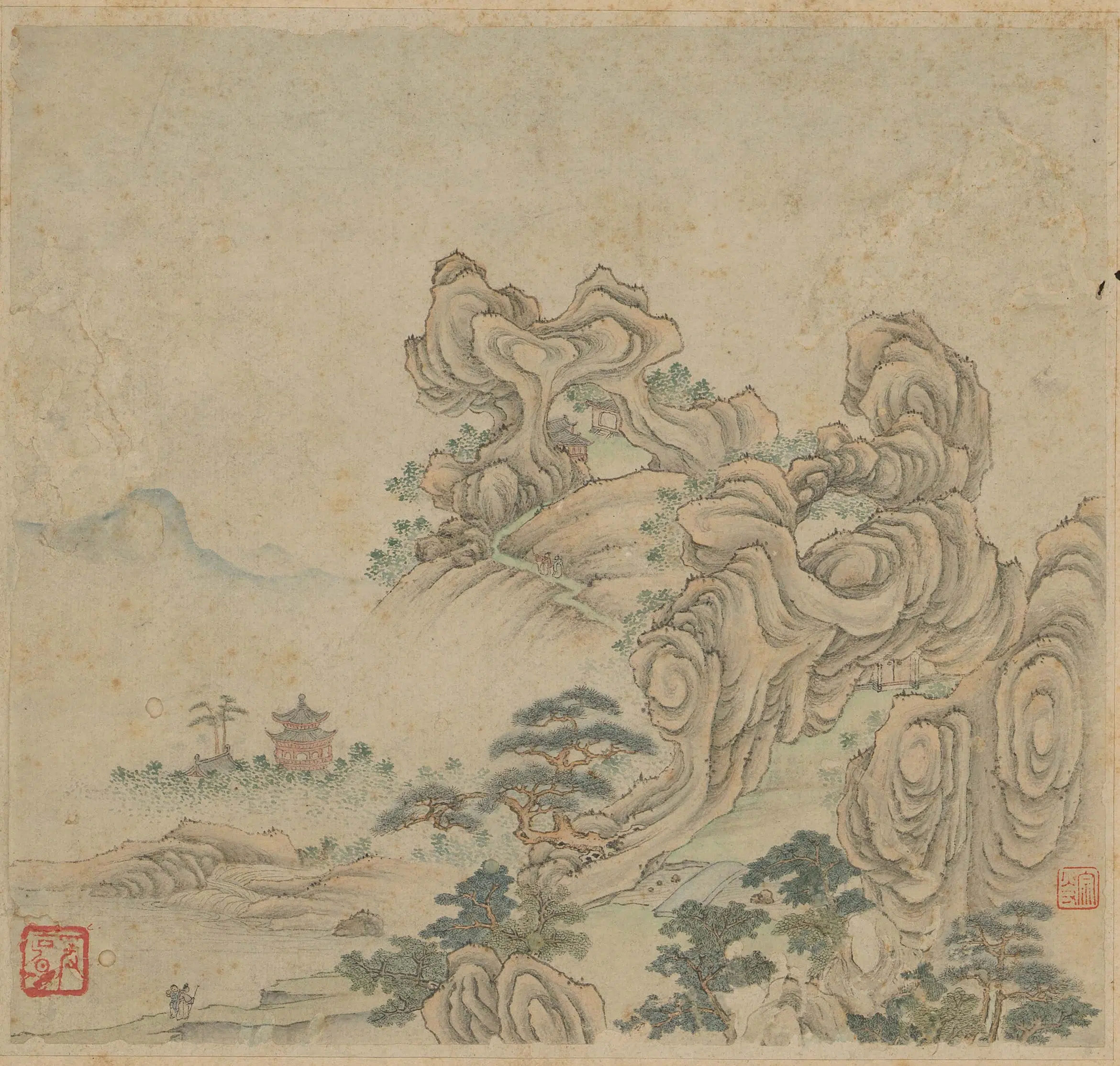明朝【黄宗炎】《山水斗方三帧》