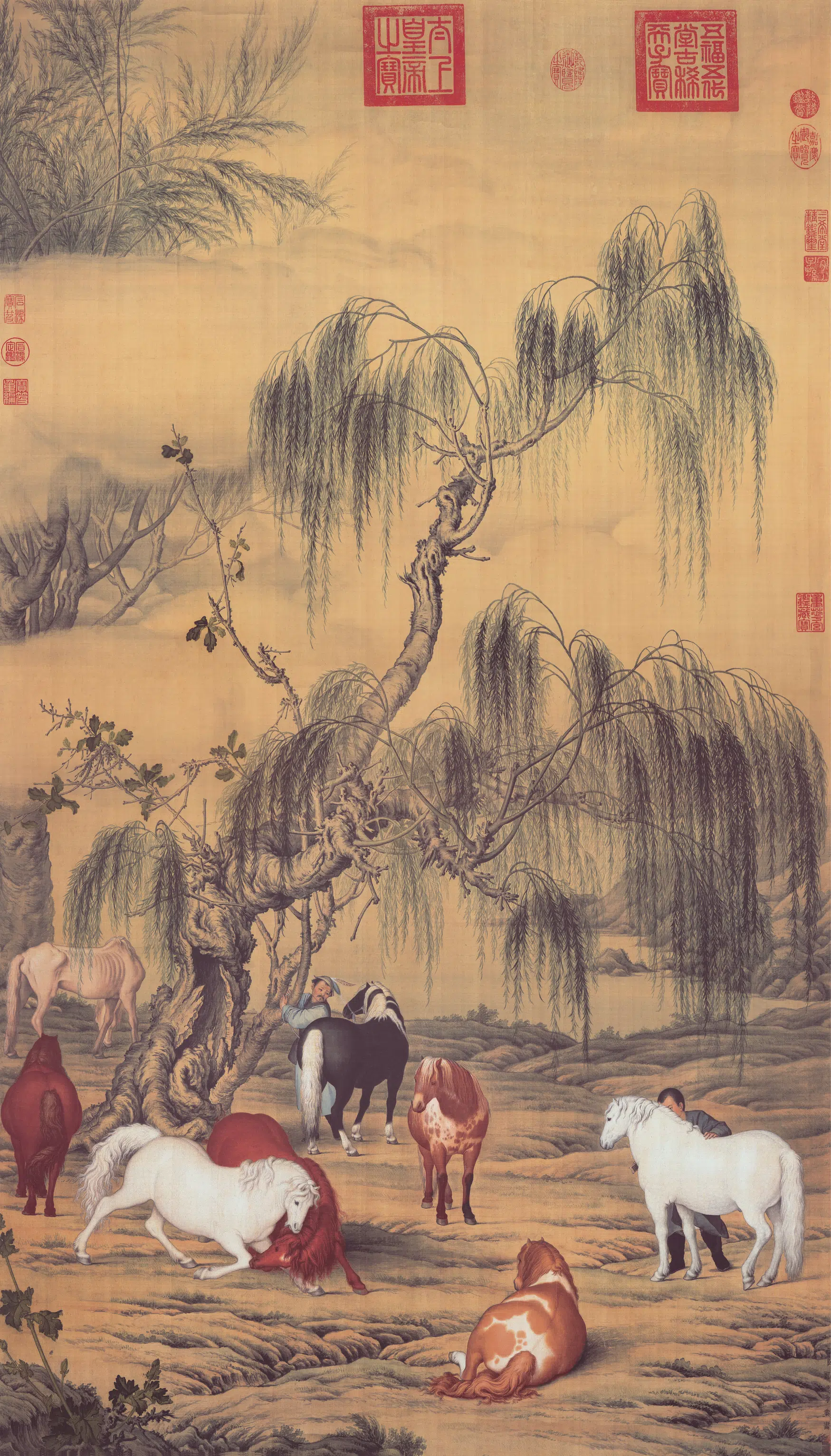 清代【郎世宁】《八骏图立轴(绢本)》