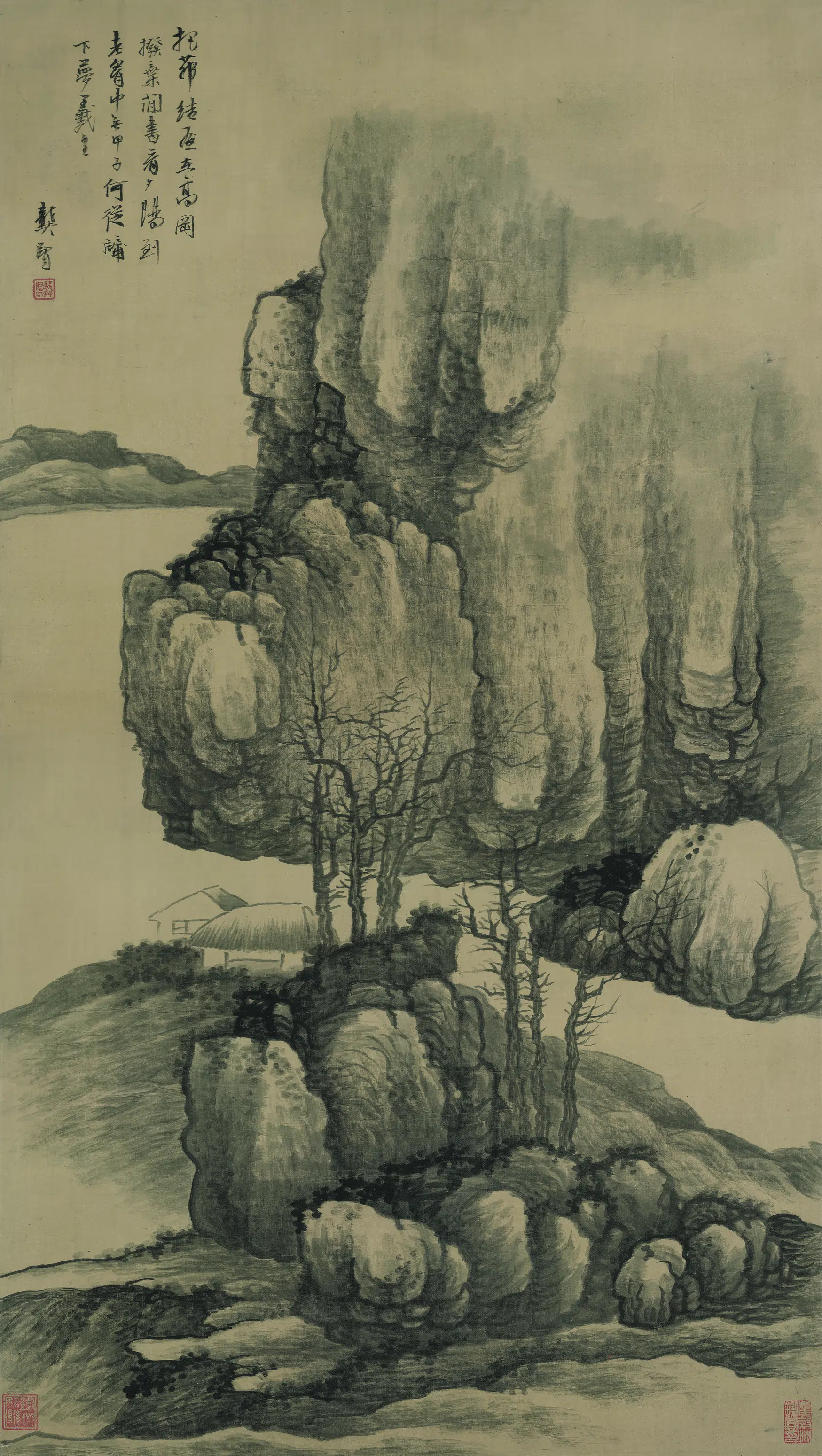 清代【龚贤】《高岗茅屋图轴(绢本)》