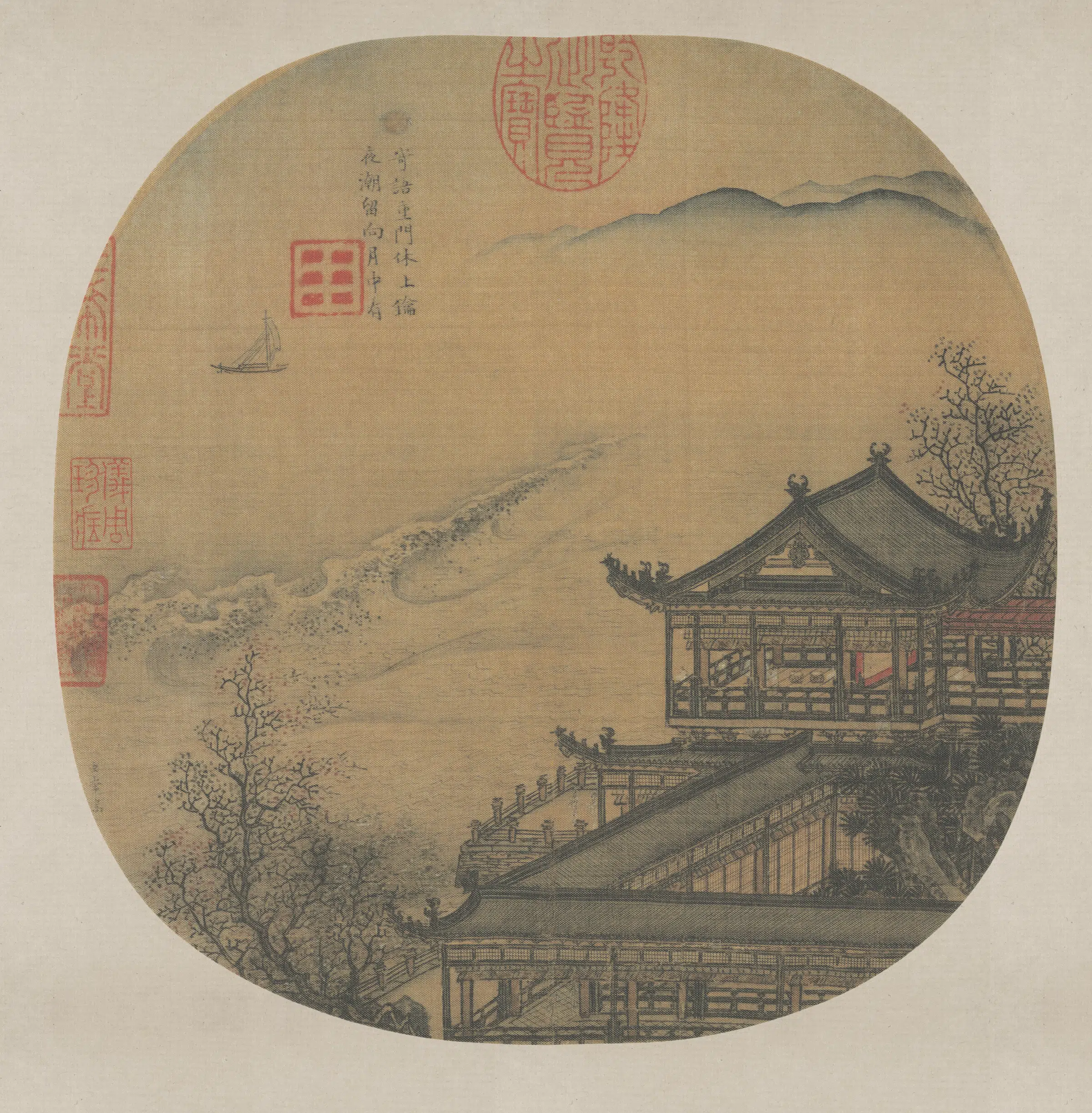 宋代【李嵩】《月夜看潮图(绢本)》