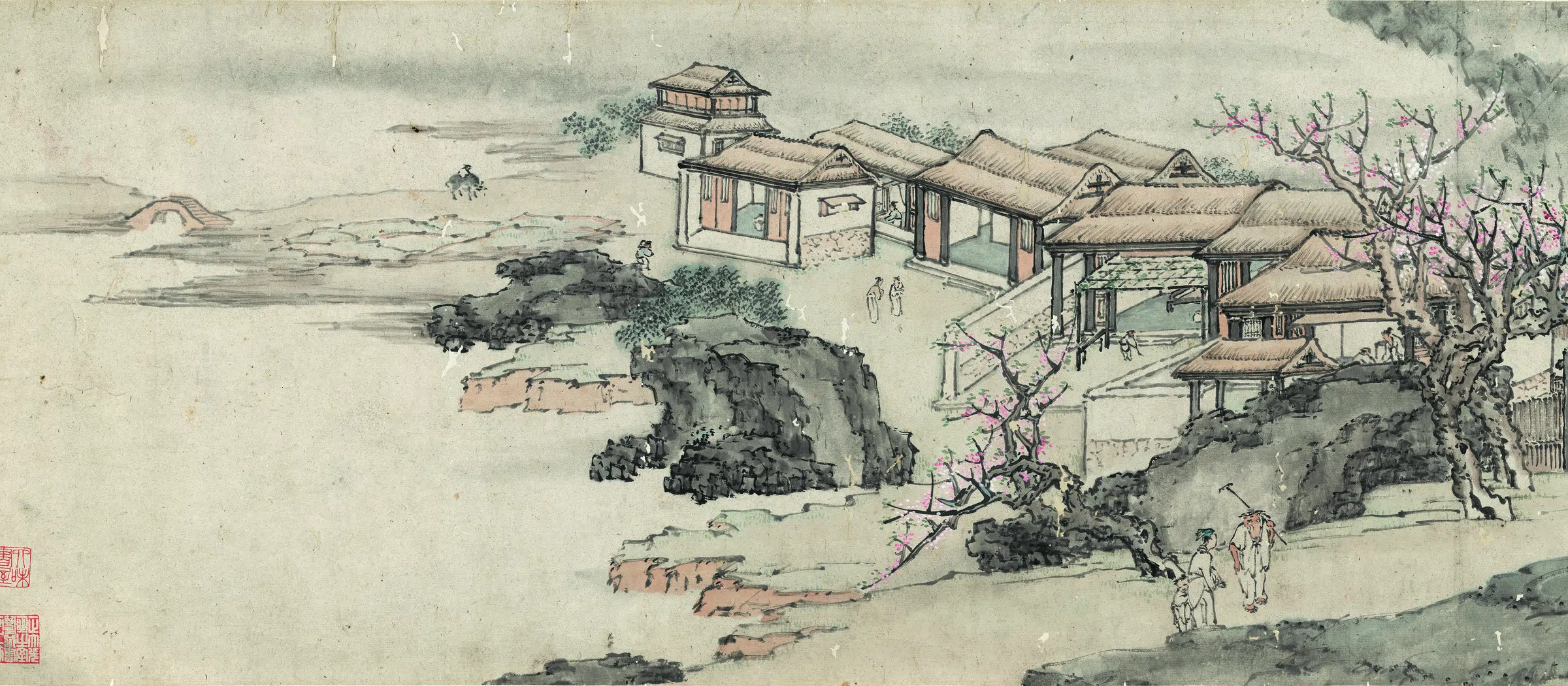 清代【黄夔】《山水人物手卷(桃花源图)全图纸本》