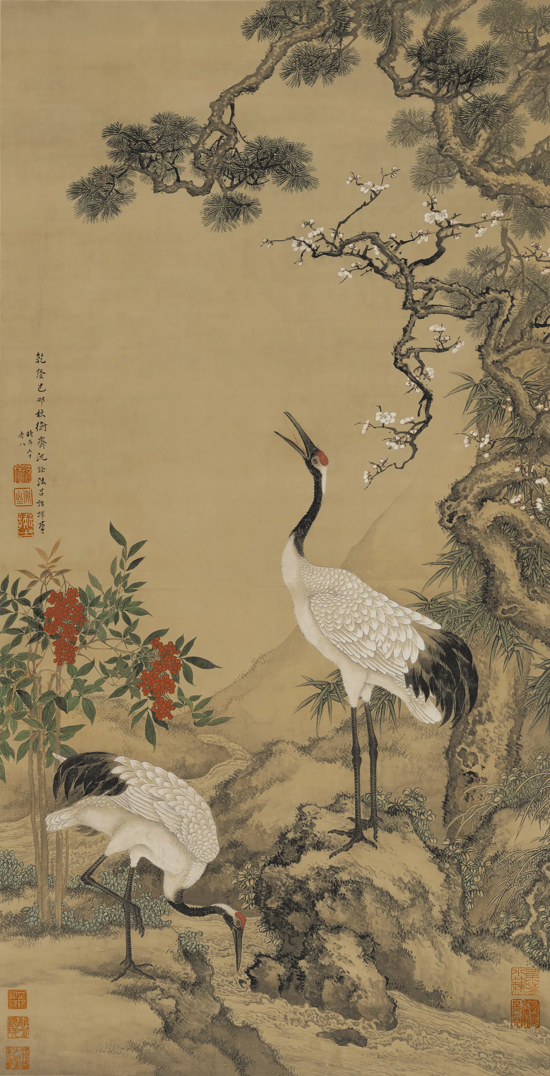 清代【沈铨】《松梅双鹤图(绢本)》