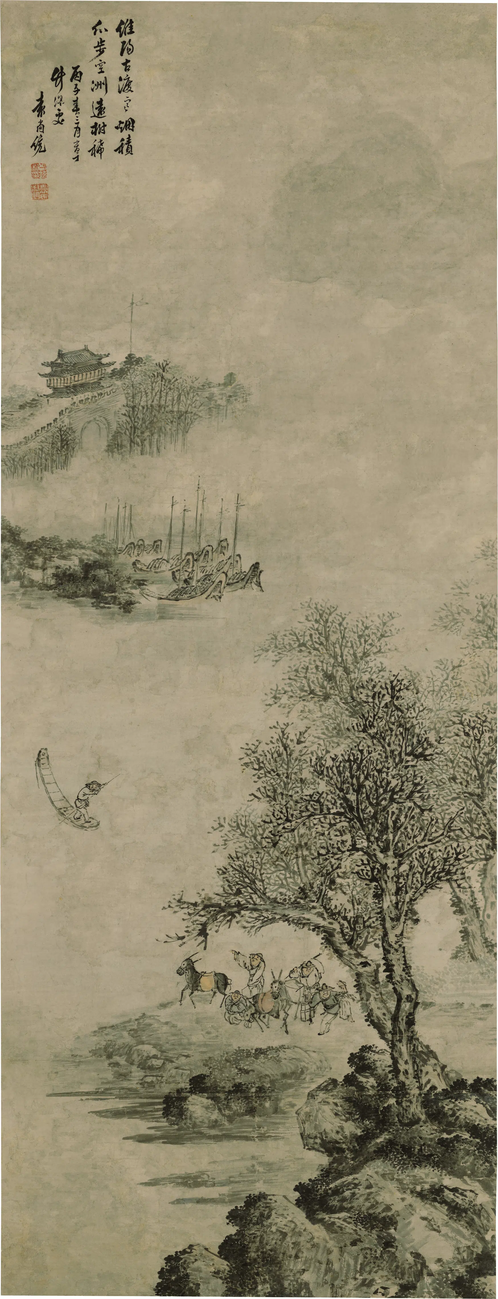明朝【袁尚统】《维扬古渡图轴》