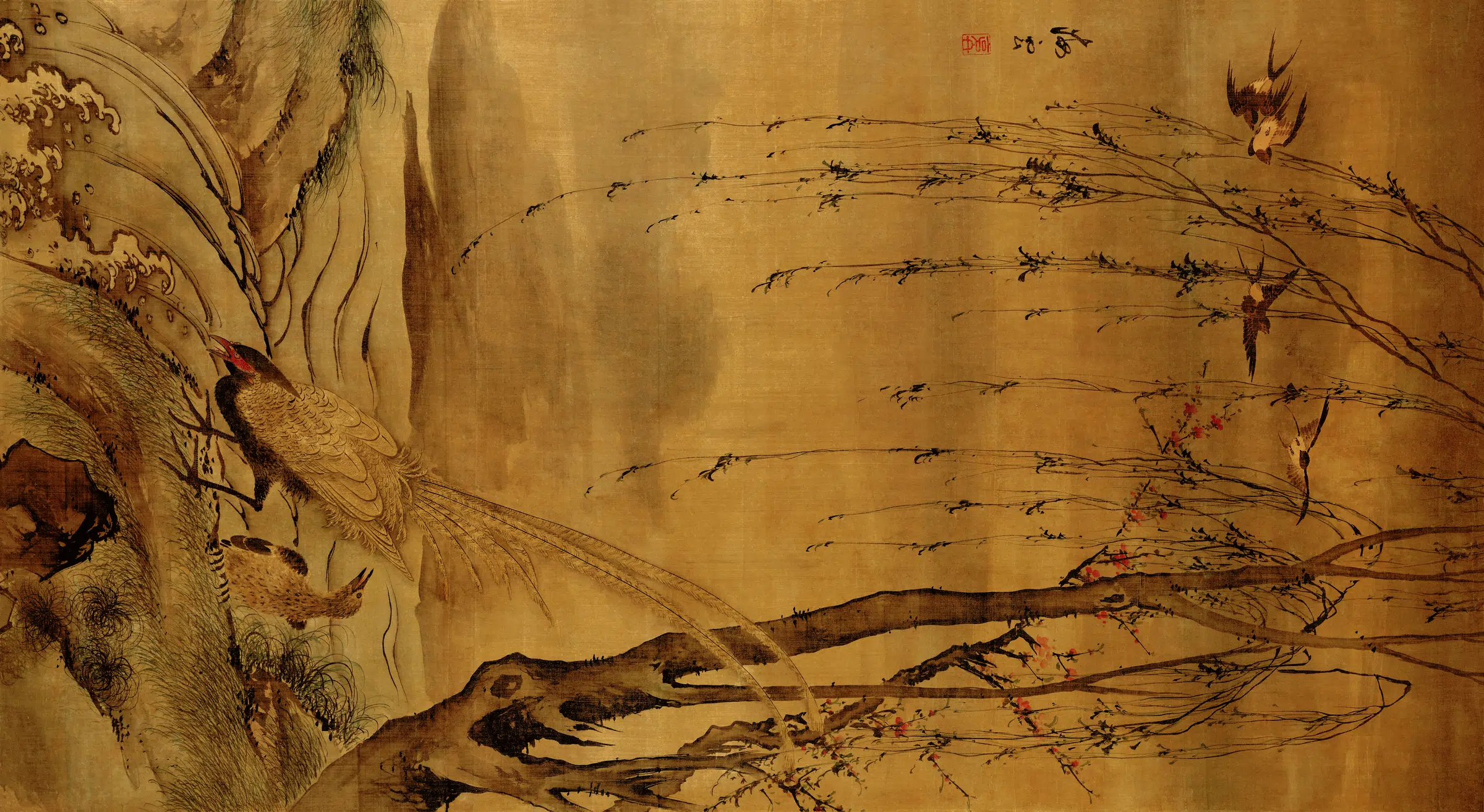 明朝【汪肇】《柳禽白鹇图》