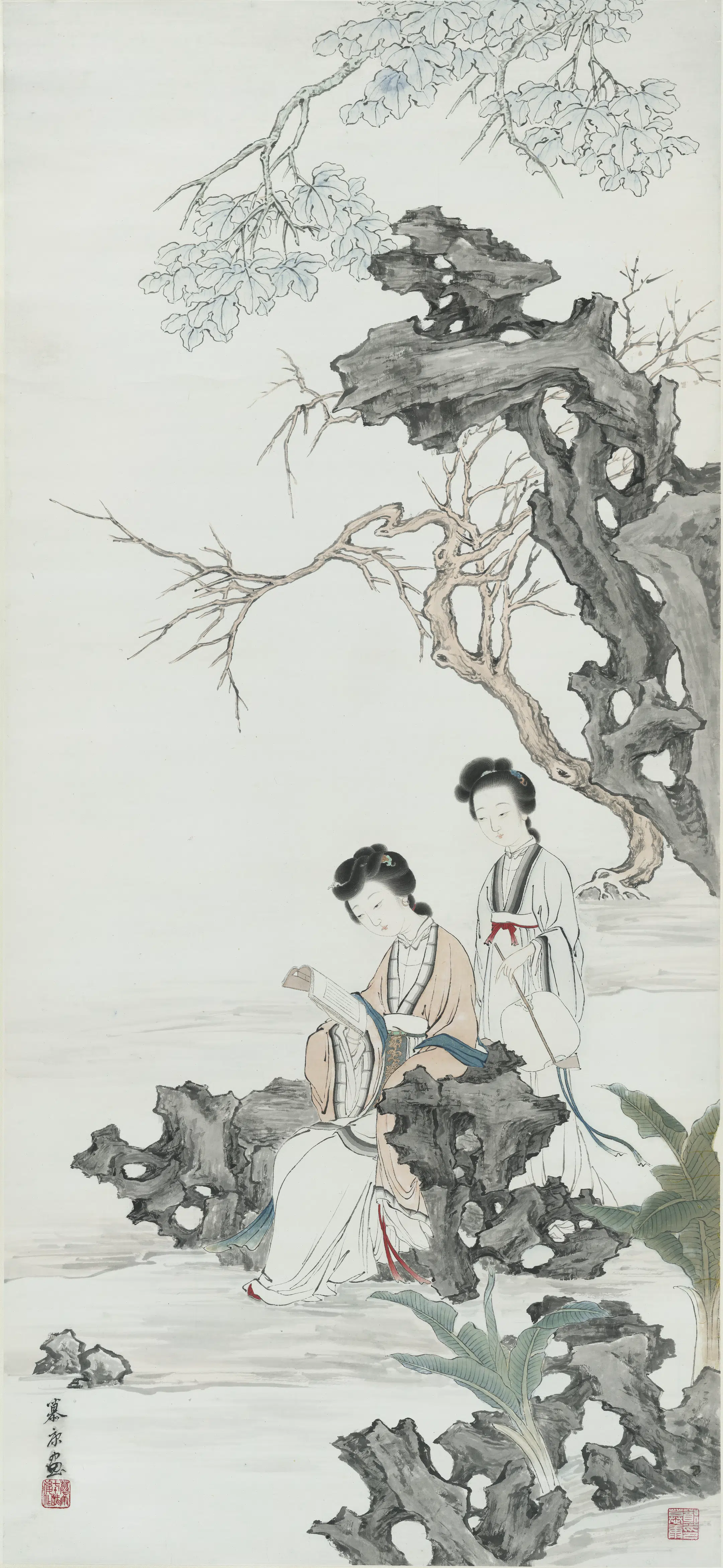 近代【郑慕康】《双仕女读书图（读史图）》