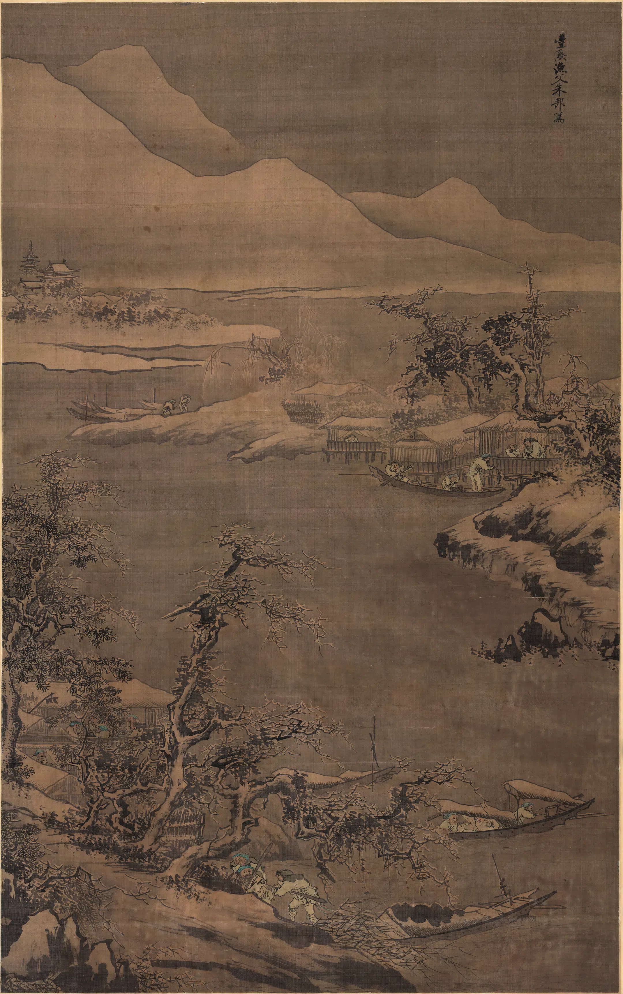 明朝【朱邦】《寒江渔村图绢本》 第1张 明朝【朱邦】《寒江渔村图绢本》 第1张