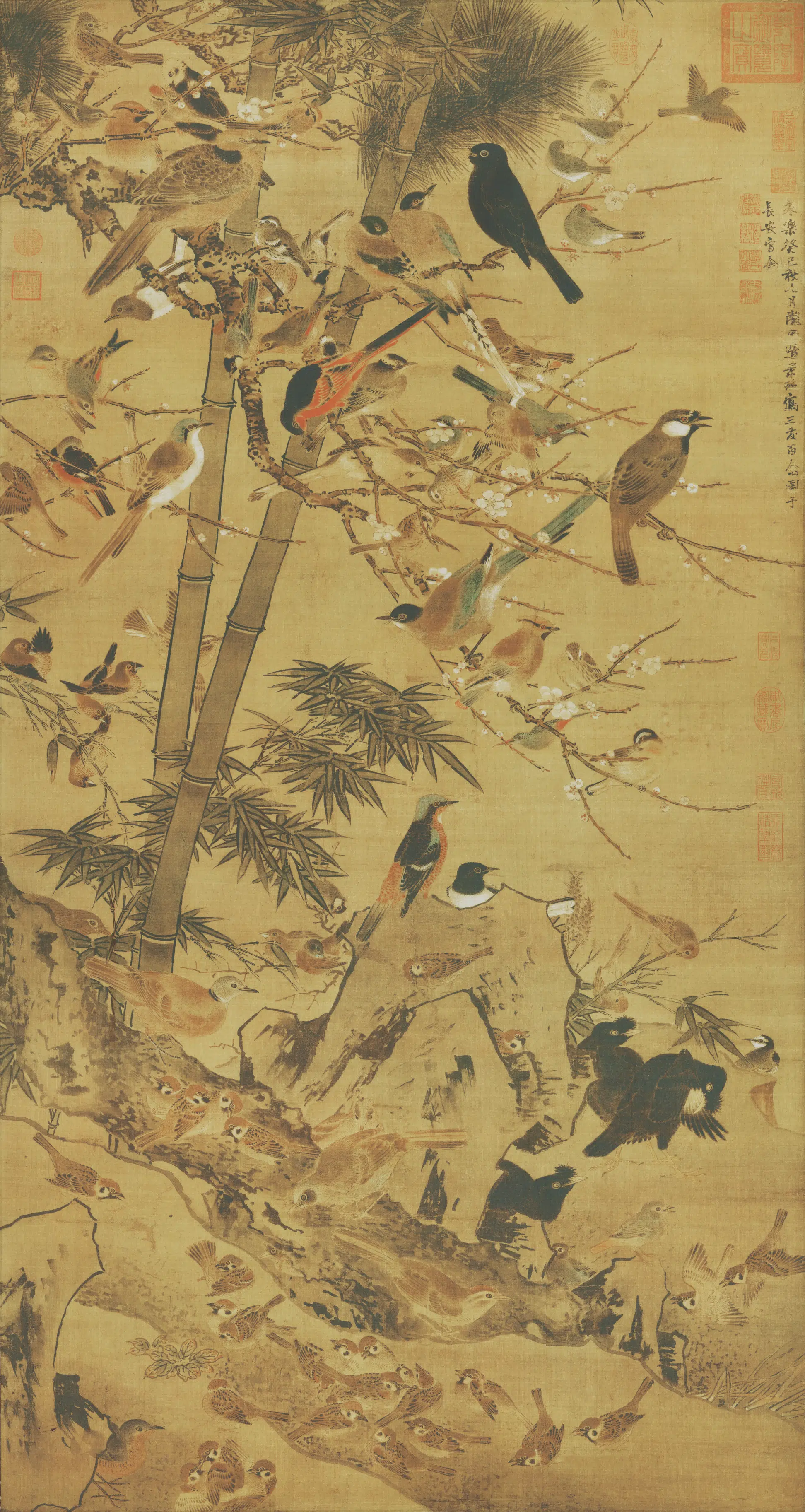 明朝【边景昭】《三友百禽图轴(绢本)》