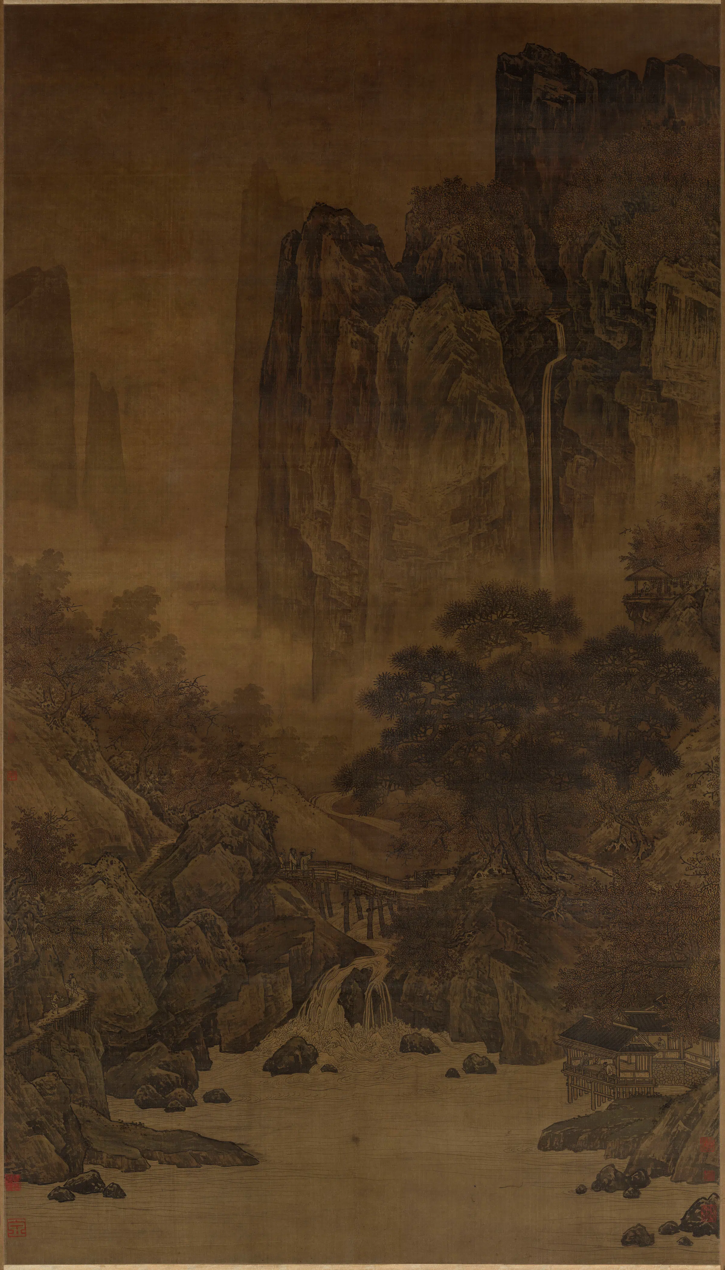 宋代【萧照】《秋山红树图绢布》