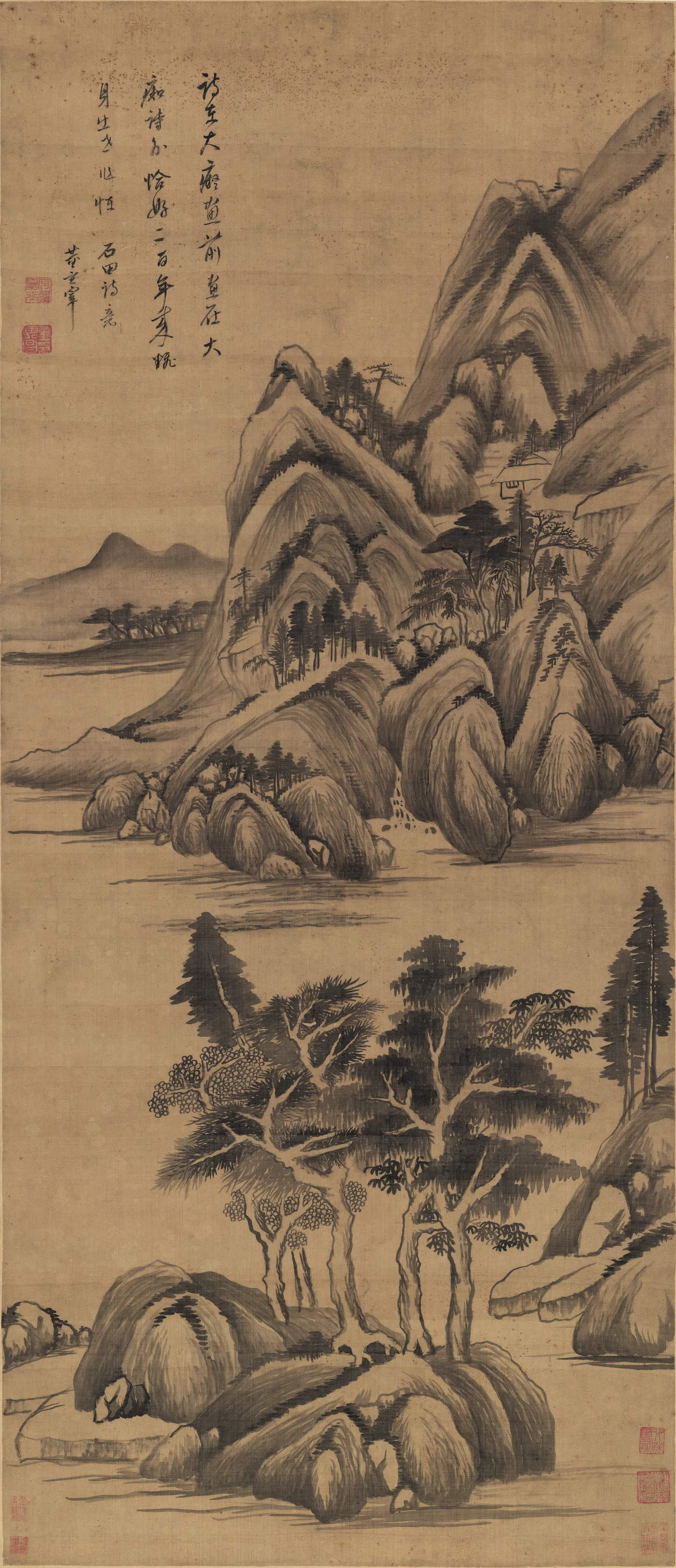 明朝【董其昌】《石田诗意山水图绢本》 第1张