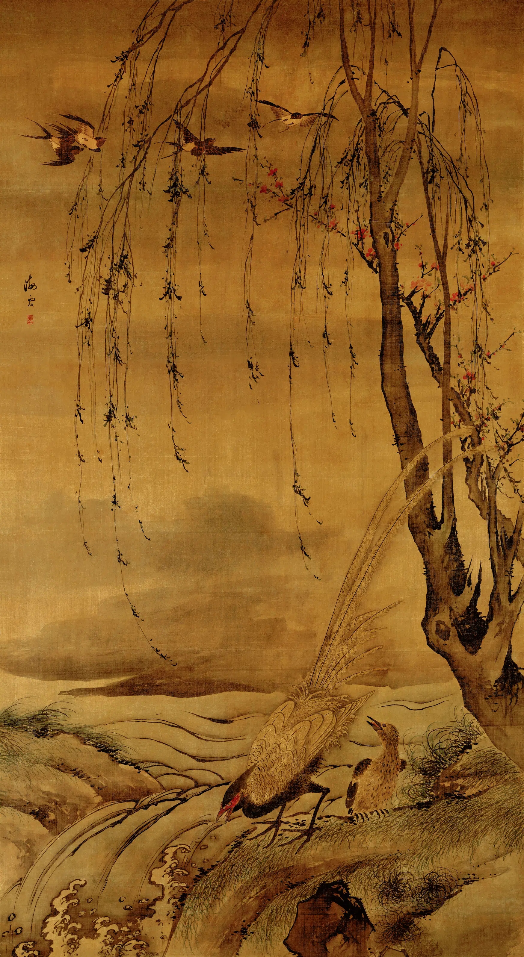 明朝【汪肇】《柳禽白鹇立轴绢本》