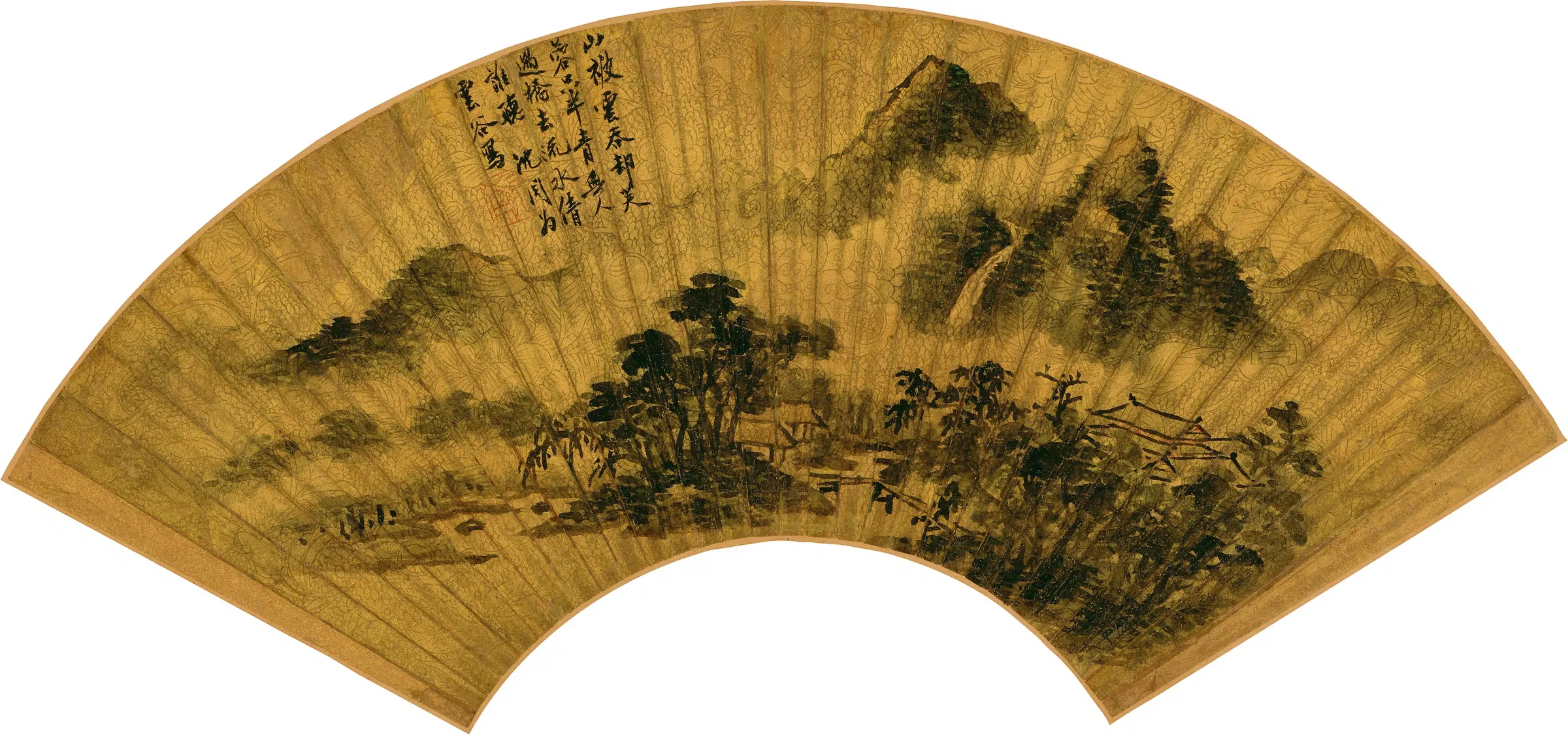 明朝【孙枝】《溪桥林屋图扇面》
