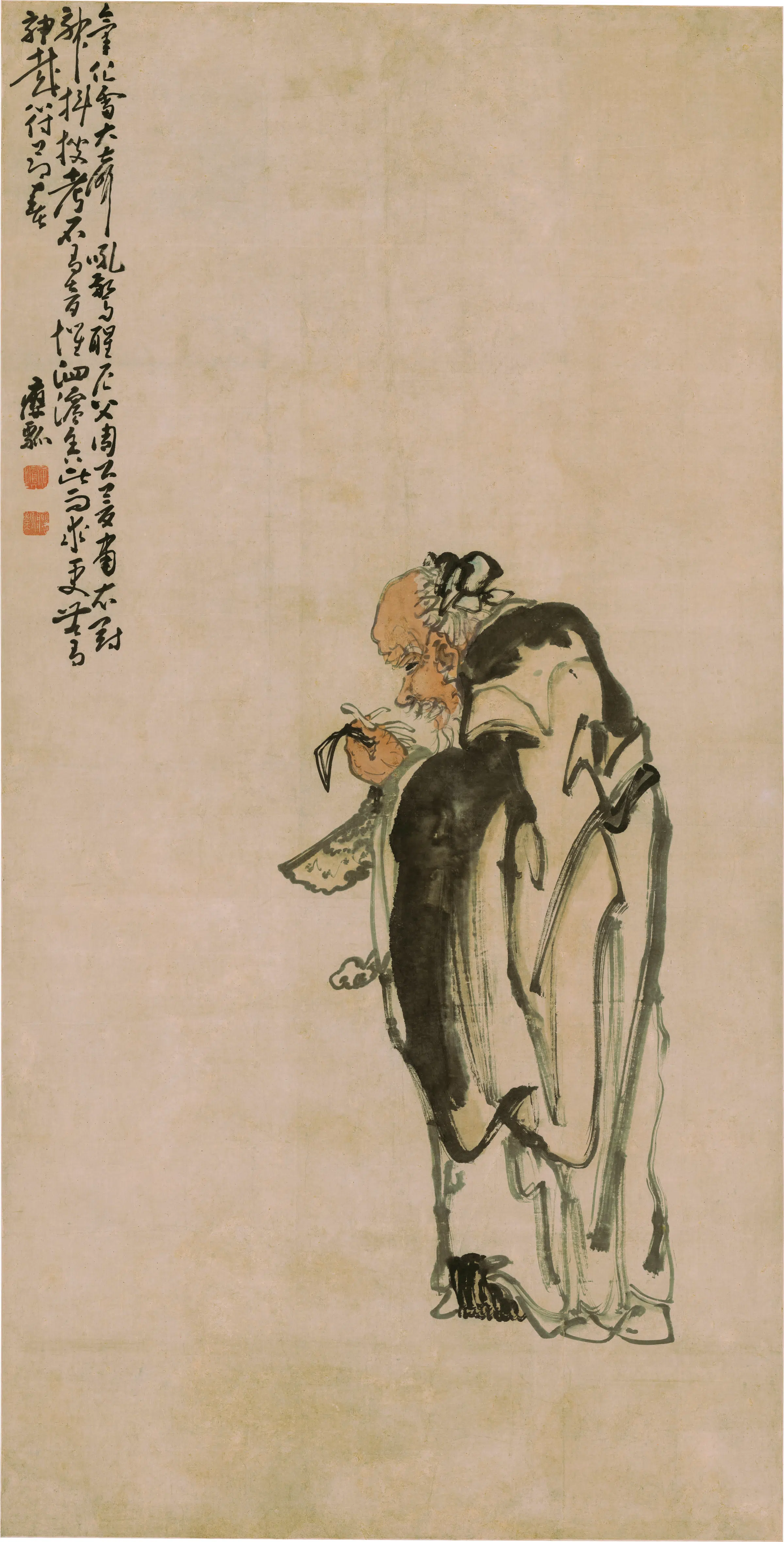 清代【黄慎】《老叟执磬图轴》